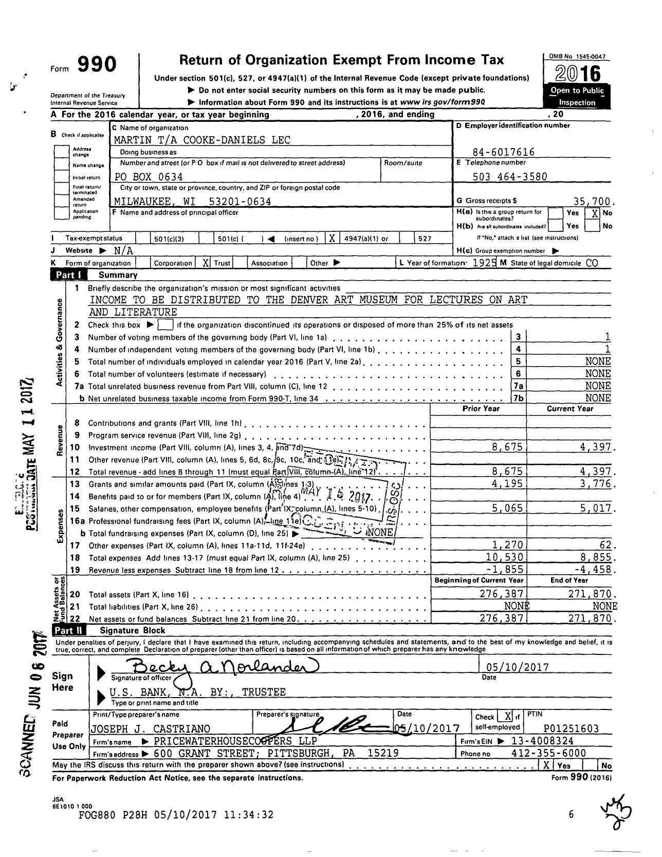 Image of first page of 2016 Form 990O for Martin Ta Cooke-Daniels Lec