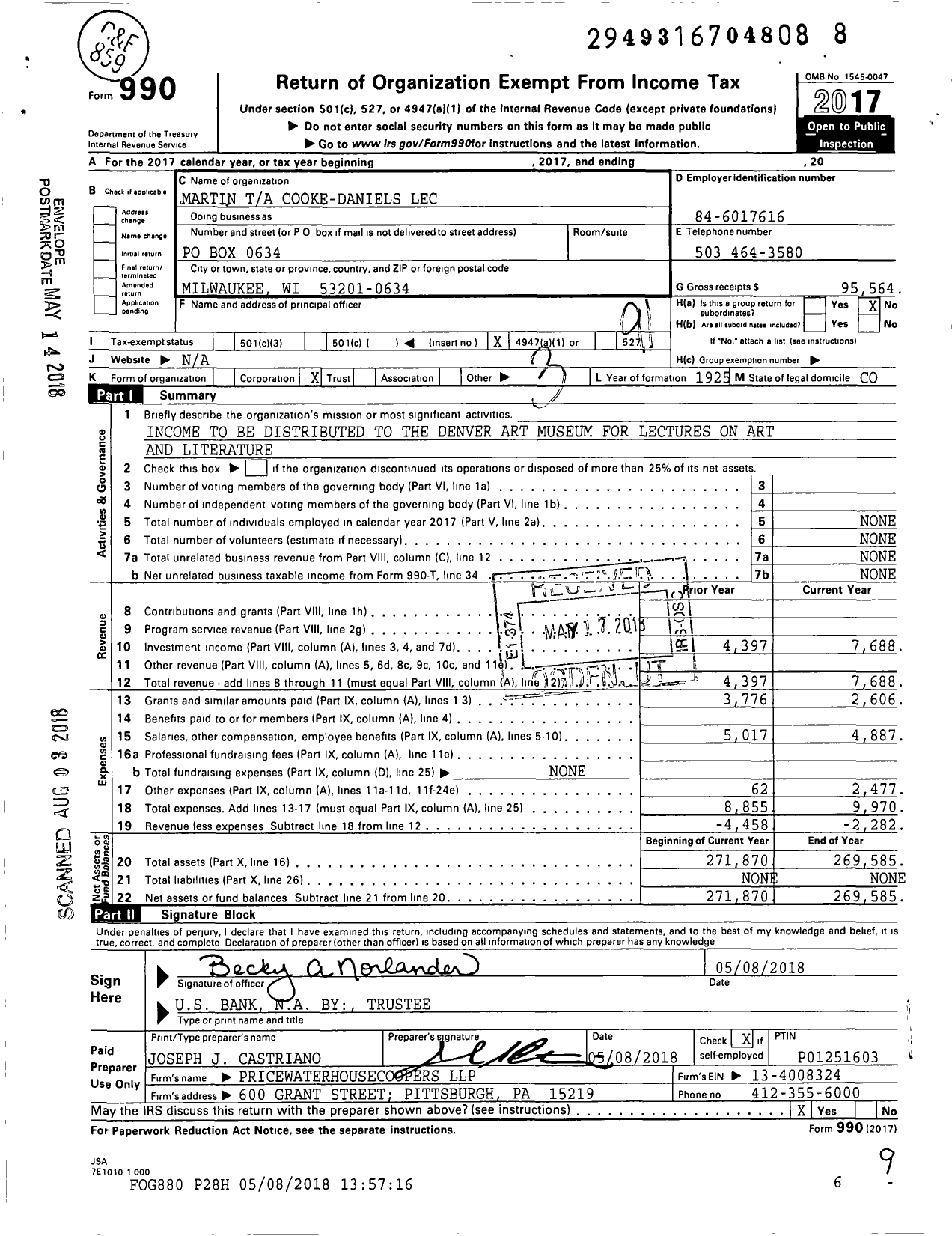 Image of first page of 2017 Form 990O for Martin Ta Cooke-Daniels Lec