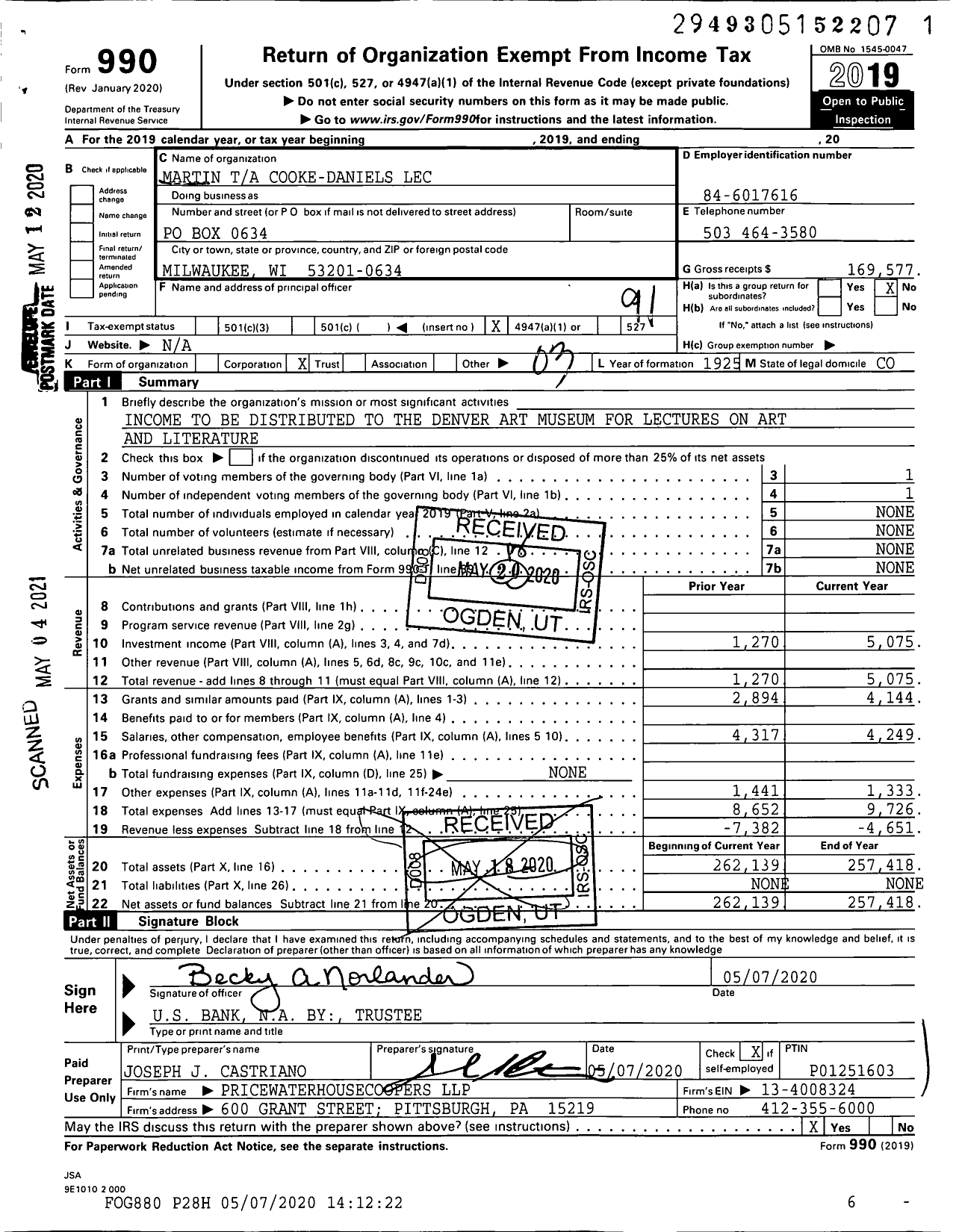 Image of first page of 2019 Form 990O for Martin Ta Cooke-Daniels Lec