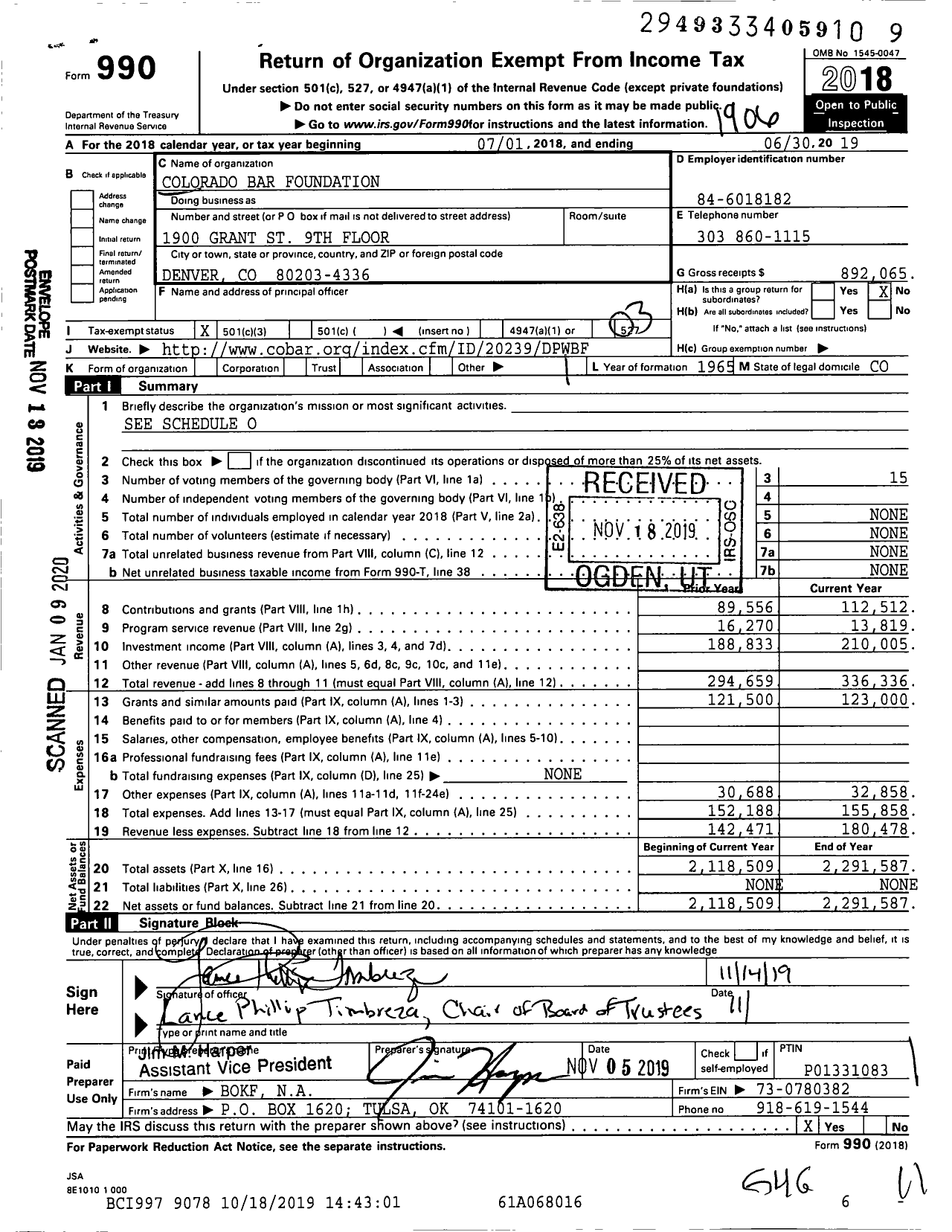 Image of first page of 2018 Form 990 for Colorado Bar Foundation