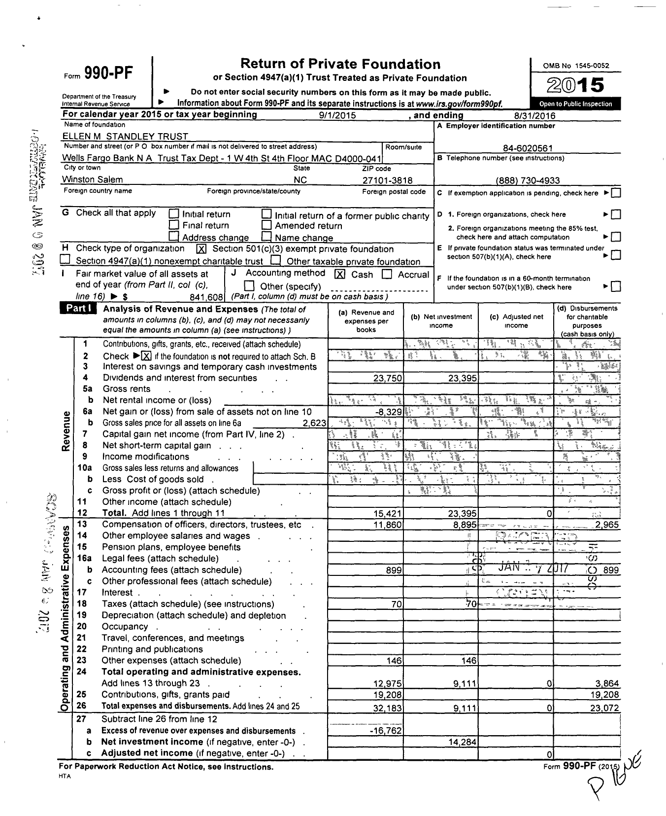 Image of first page of 2015 Form 990PF for Ellen M Standley Trust