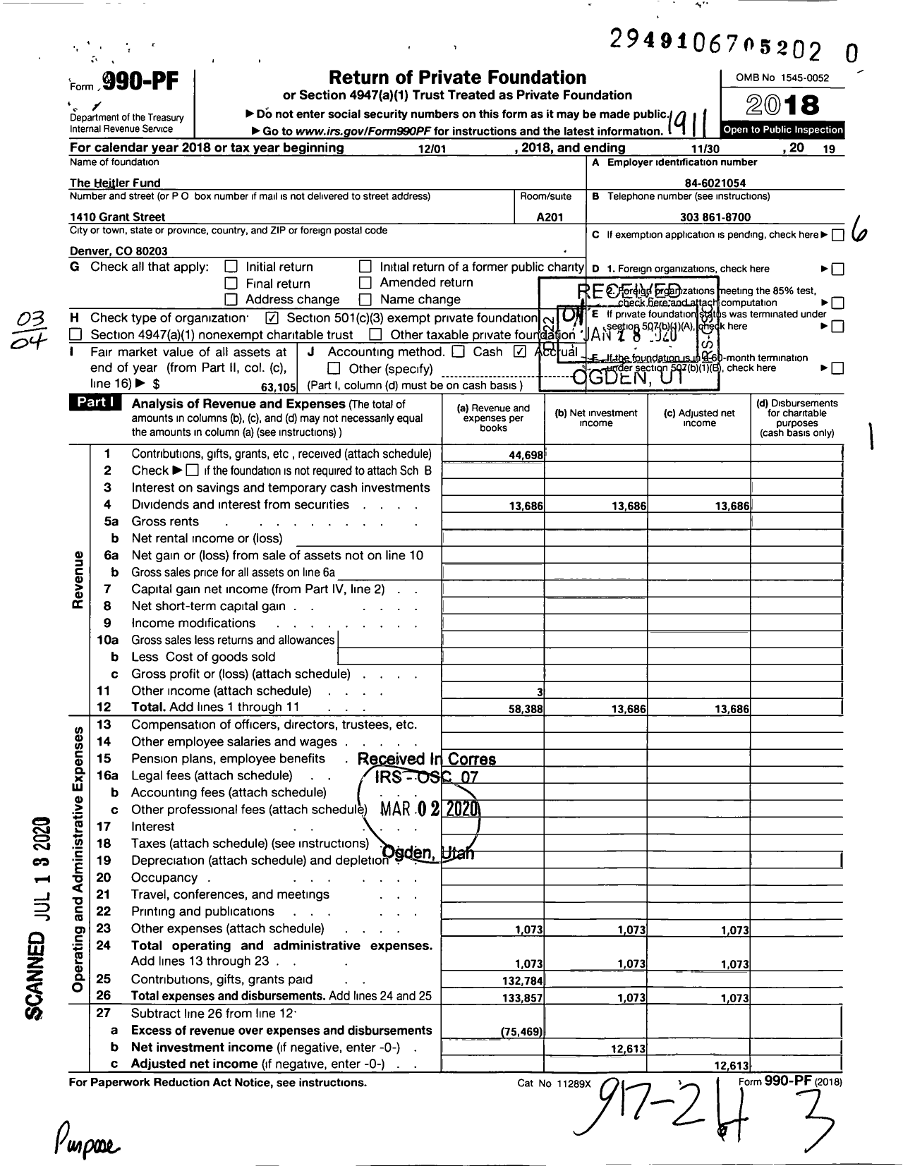 Image of first page of 2018 Form 990PR for Heitler Fund