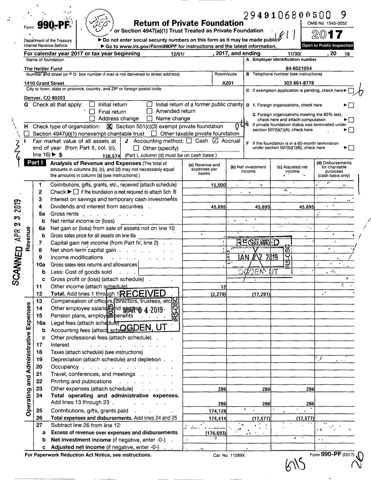 Image of first page of 2017 Form 990PF for Heitler Fund