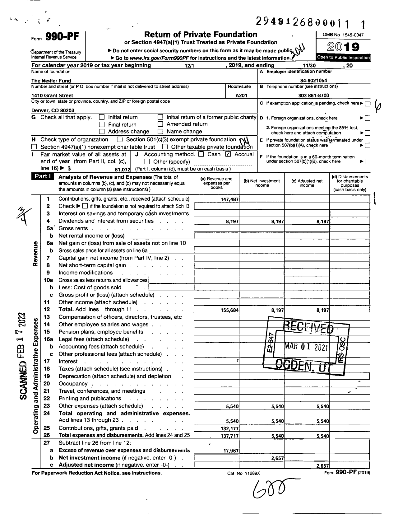 Image of first page of 2019 Form 990PF for Heitler Fund