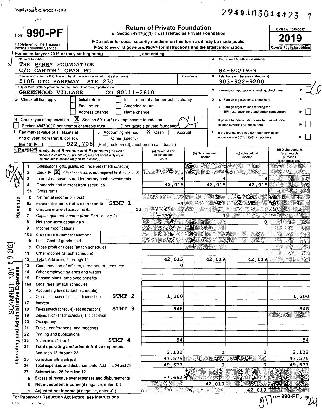 Image of first page of 2019 Form 990PF for The Perry Foundation