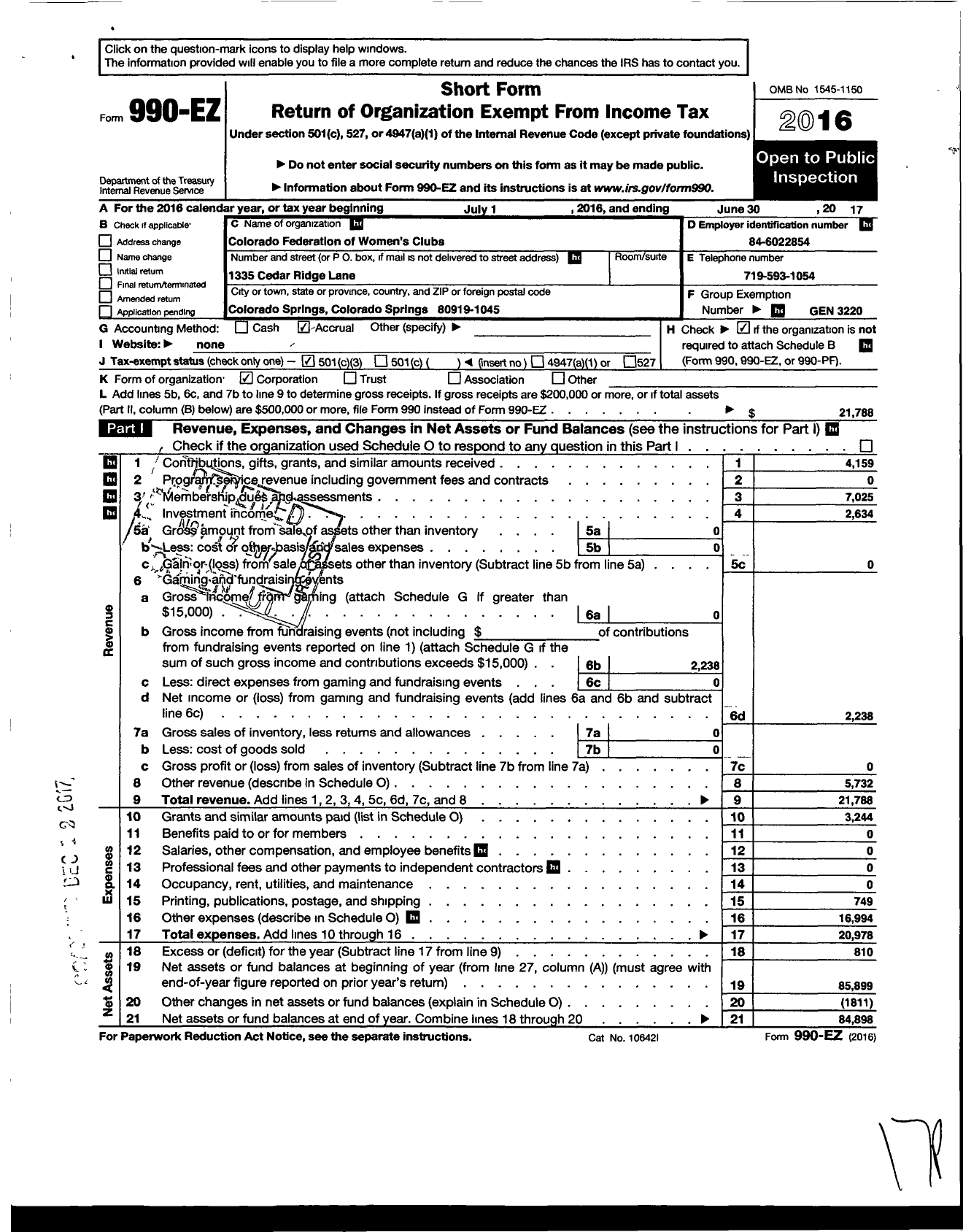 Image of first page of 2016 Form 990EZ for General Federation of Womens Clubs