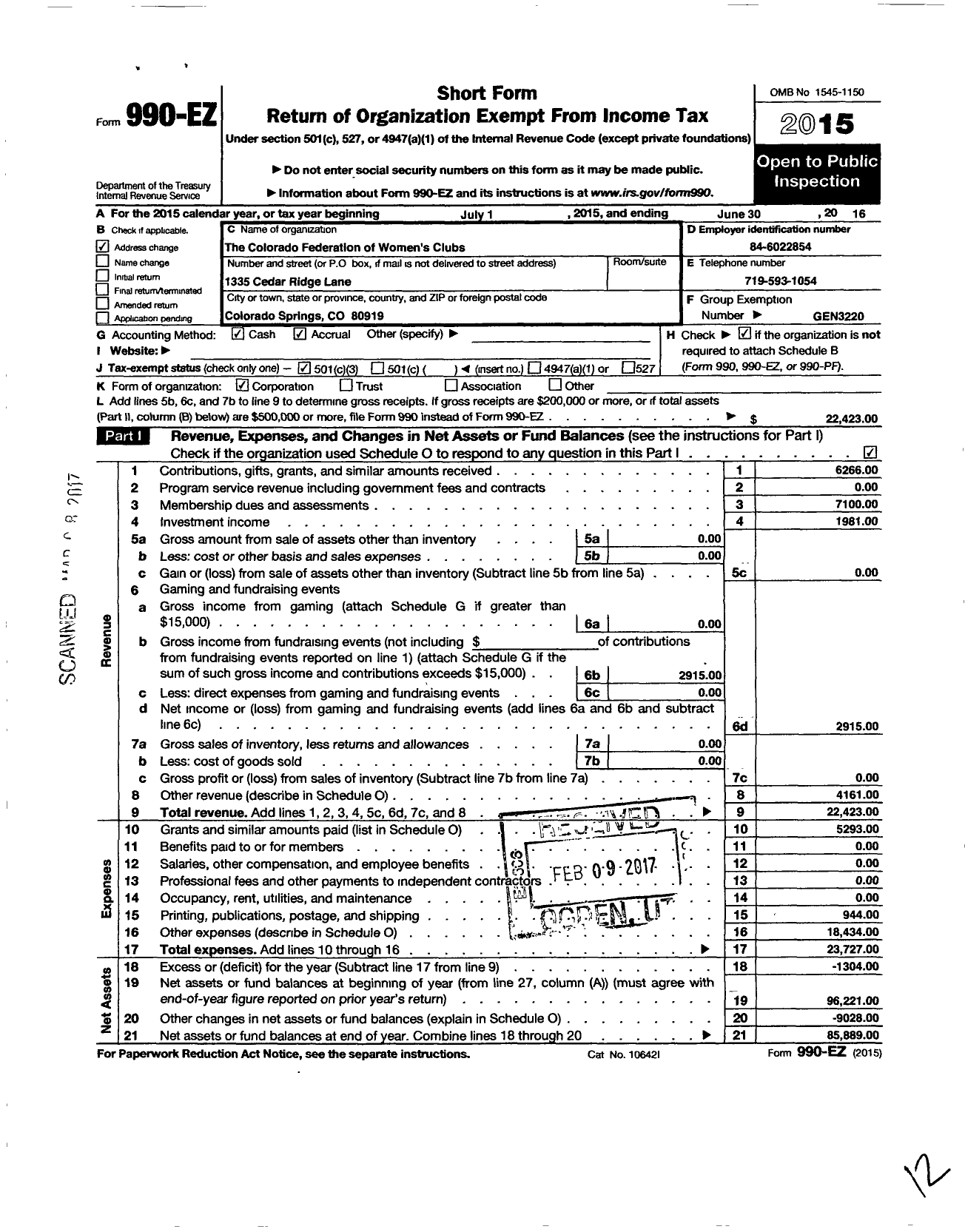 Image of first page of 2015 Form 990EZ for General Federation of Womens Clubs