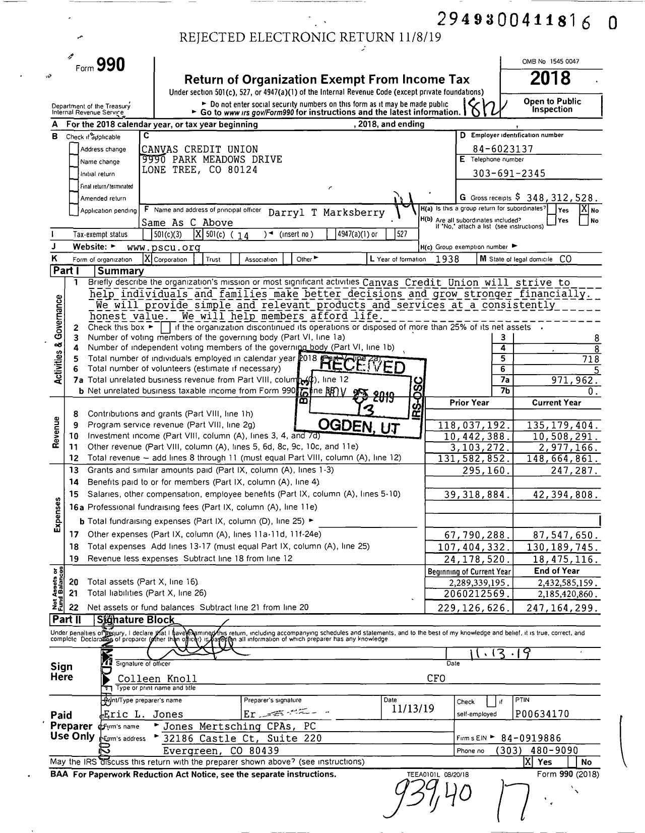 Image of first page of 2018 Form 990O for Canvas Credit Union (PSCU)
