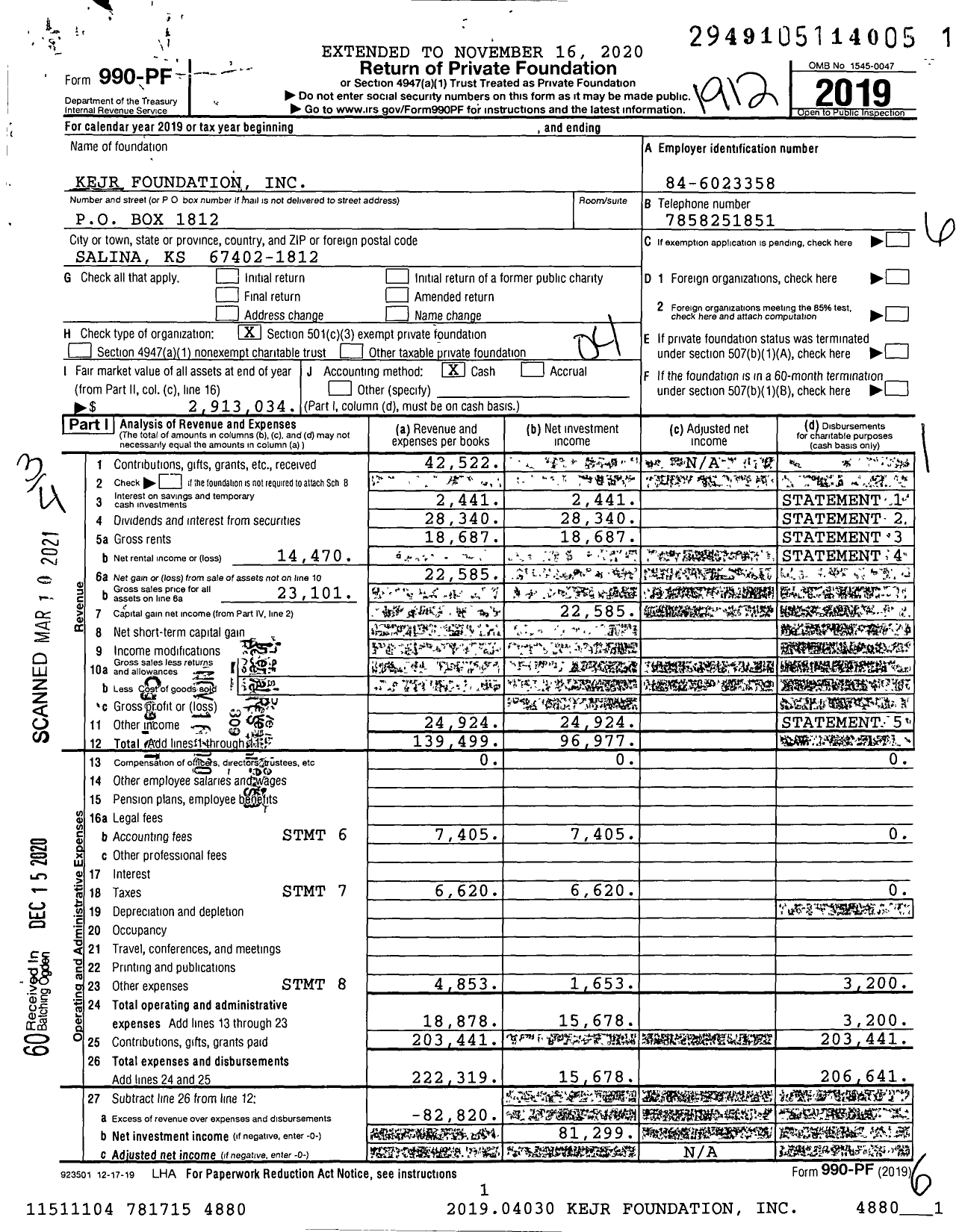 Image of first page of 2019 Form 990PF for Kejr Foundation