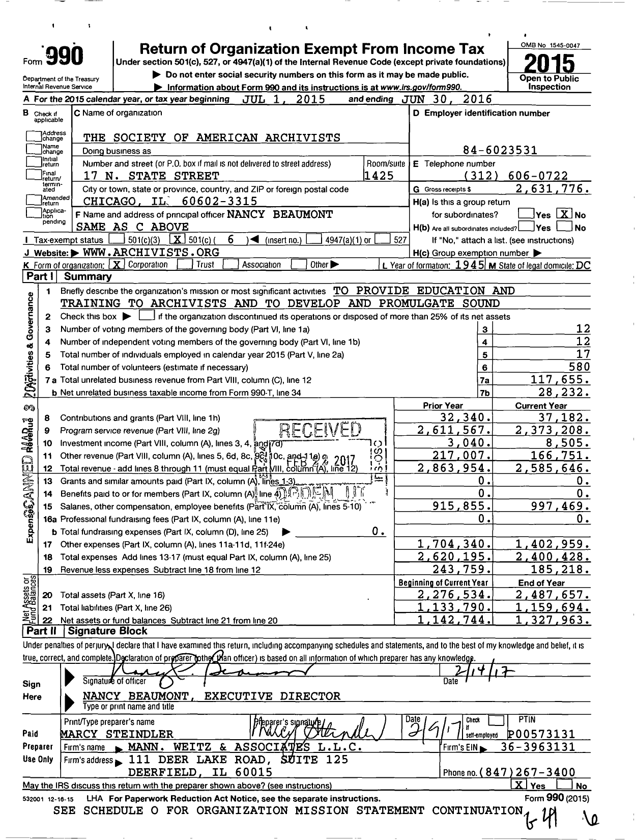 Image of first page of 2015 Form 990O for The Society of American Archivists