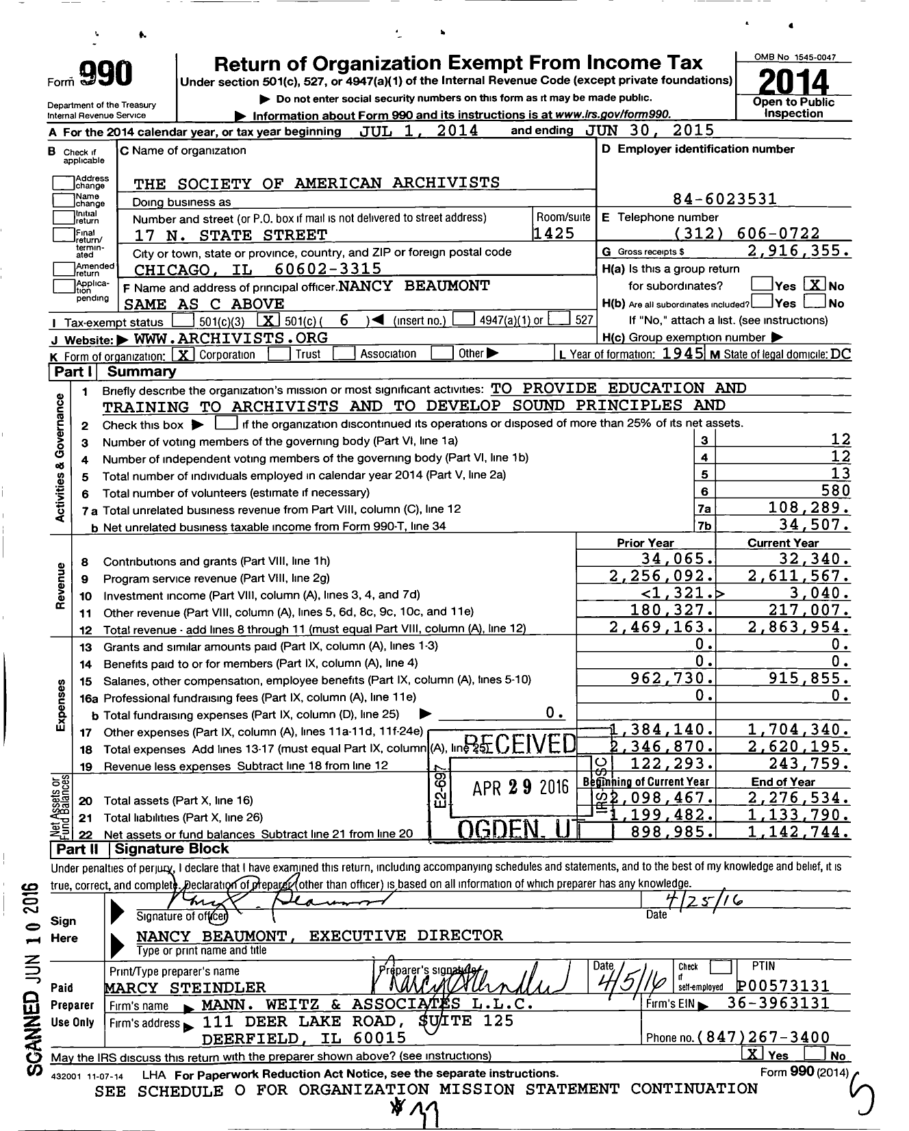 Image of first page of 2014 Form 990O for The Society of American Archivists