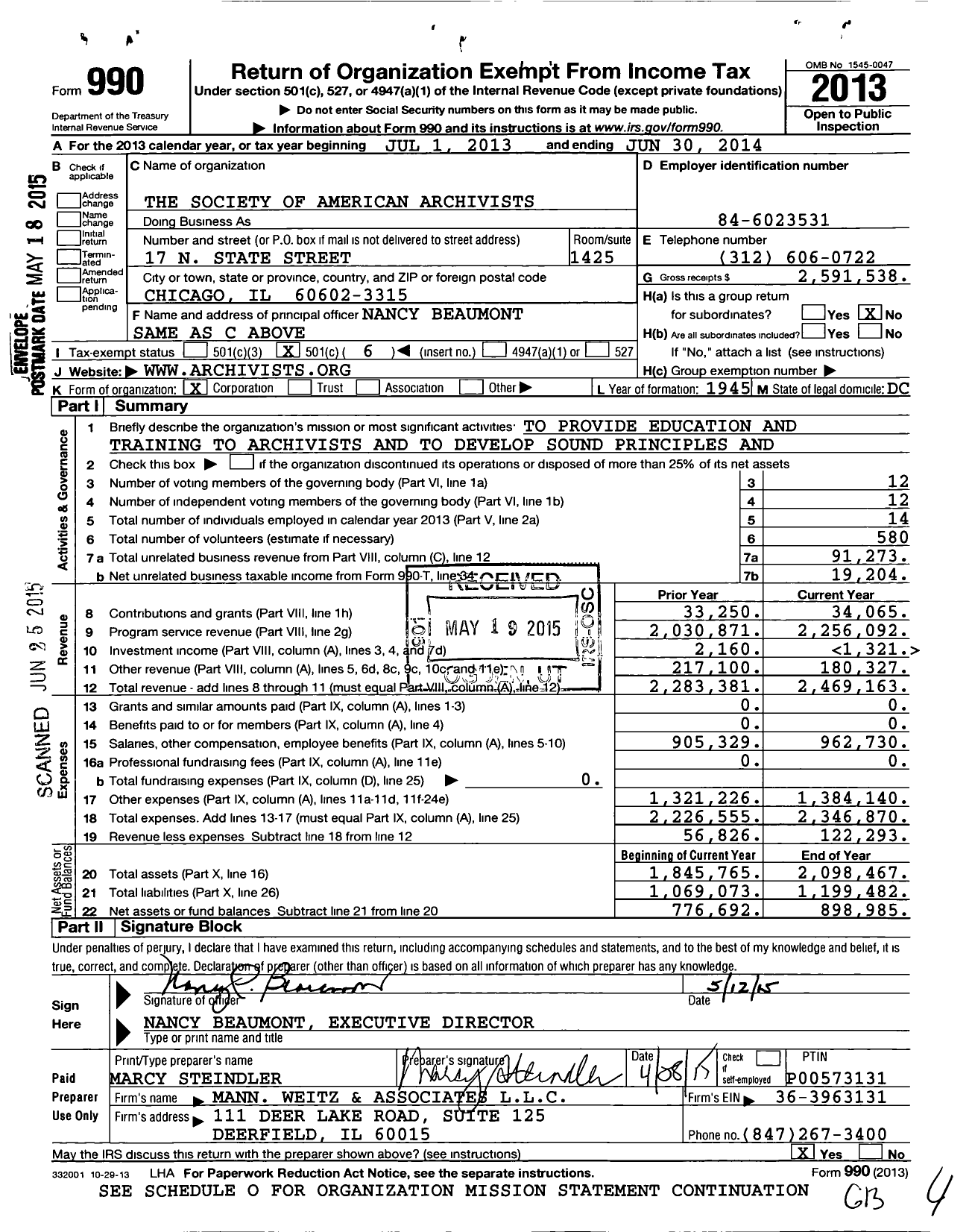 Image of first page of 2013 Form 990O for The Society of American Archivists
