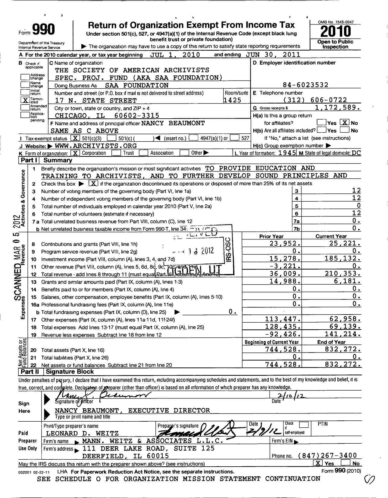 Image of first page of 2010 Form 990 for Society of American Archivists Spec Proj Fund Aka Saa Foundation Dba Saa Foundation