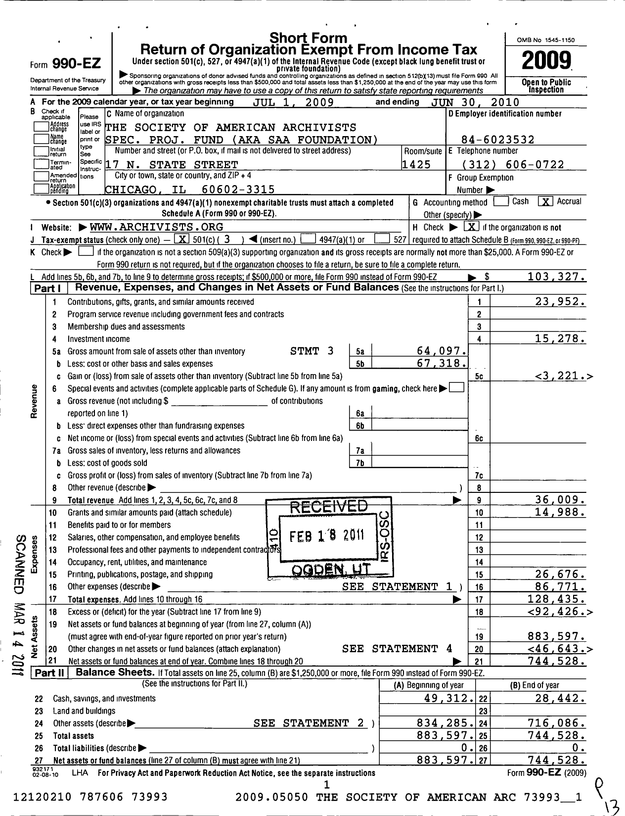 Image of first page of 2009 Form 990EZ for Society of American Archivists Spec Proj Fund Aka Saa Foundation Dba Saa Foundation