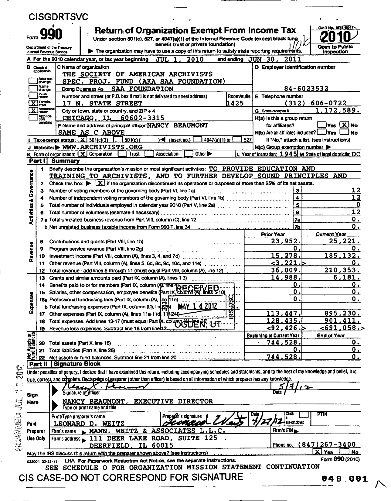 Image of first page of 2010 Form 990 for Society of American Archivists Spec Proj Fund Aka Saa Foundation Dba Saa Foundation