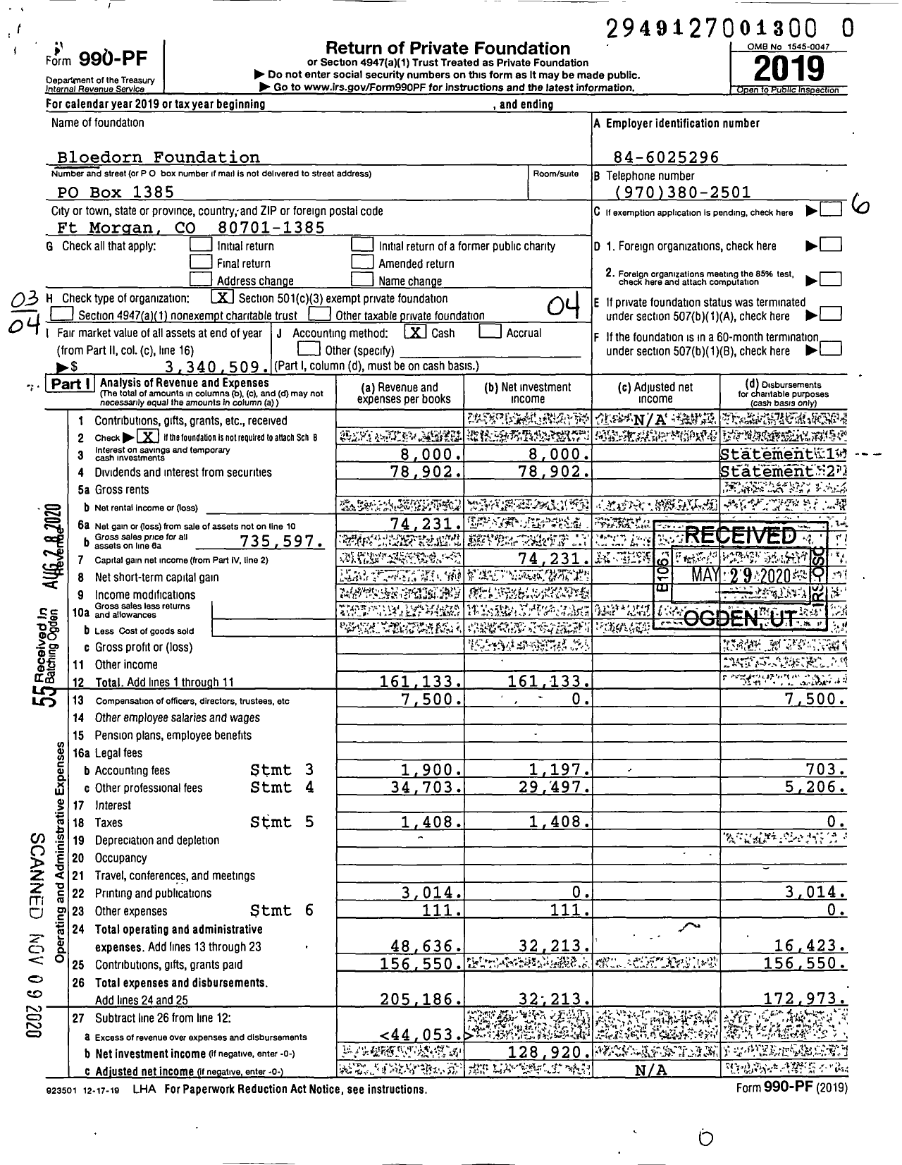 Image of first page of 2019 Form 990PF for Bloedorn Foundation