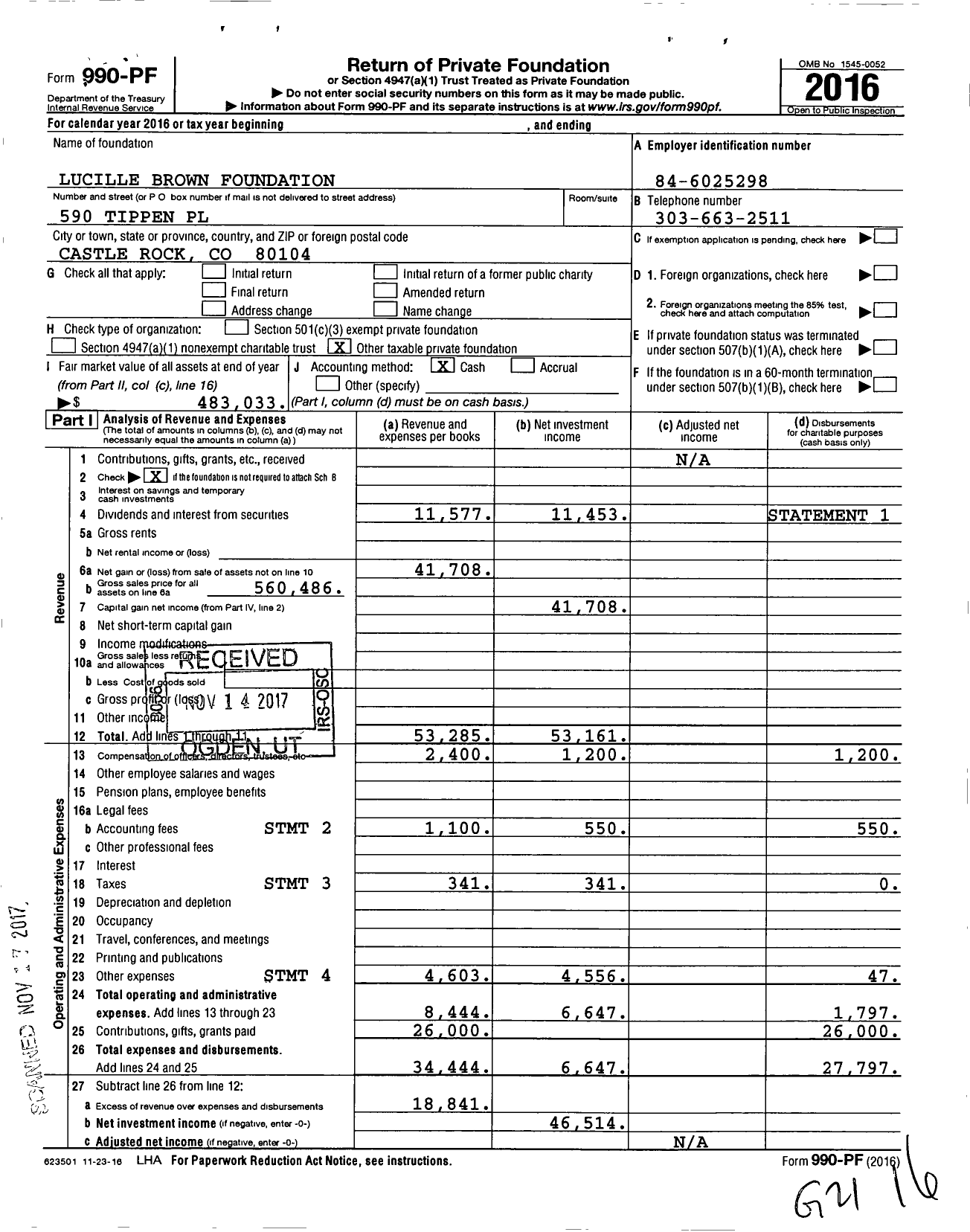 Image of first page of 2016 Form 990PF for Lucille R Brown Foundation