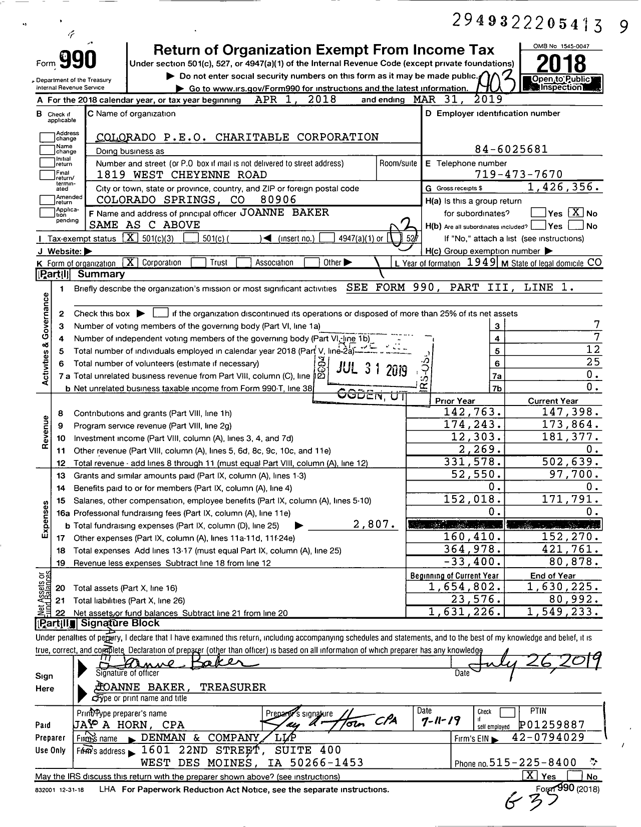 Image of first page of 2018 Form 990 for Colorado Peo Charitable Corporation