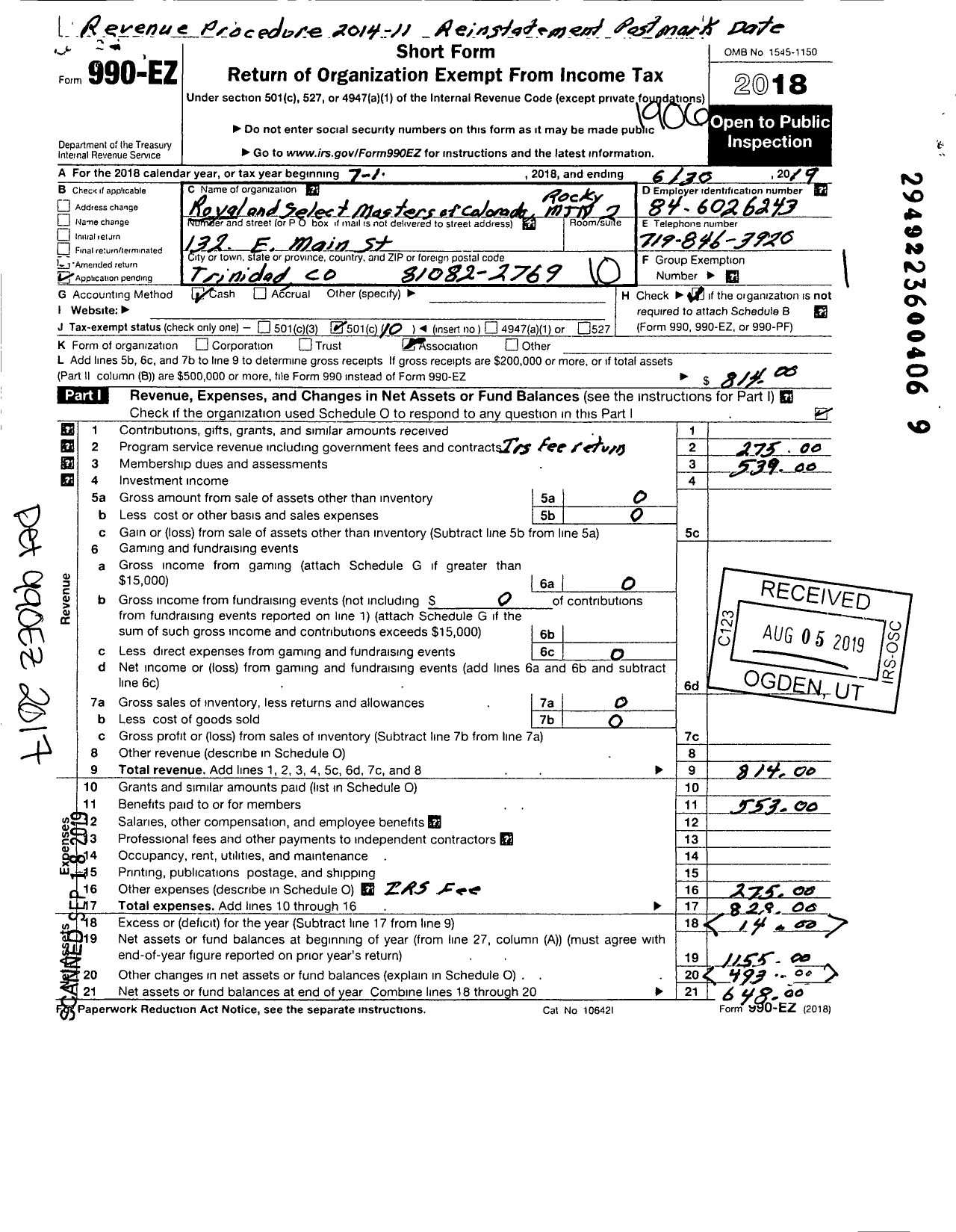 Image of first page of 2018 Form 990EO for Rocky Mountain Council No 2 Royal and Select Masters