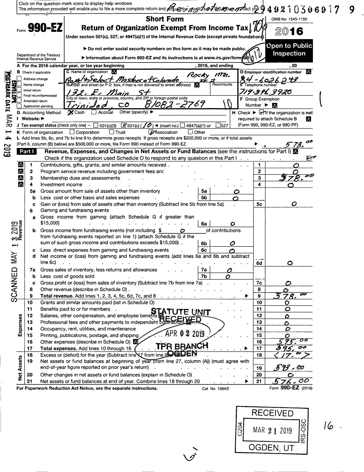 Image of first page of 2016 Form 990EO for Rocky Mountain Council No 2 Royal and Select Masters