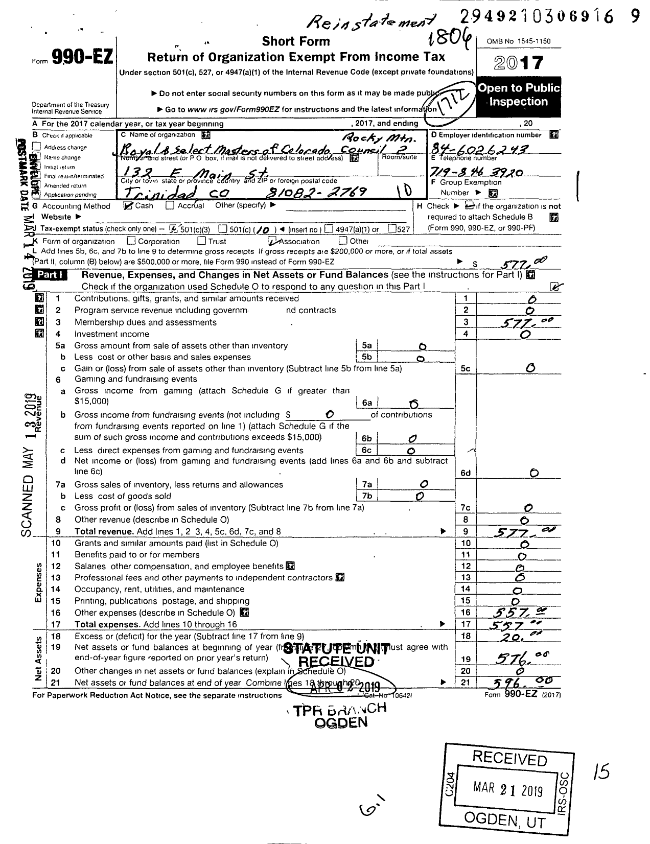 Image of first page of 2017 Form 990EO for Rocky Mountain Council No 2 Royal and Select Masters