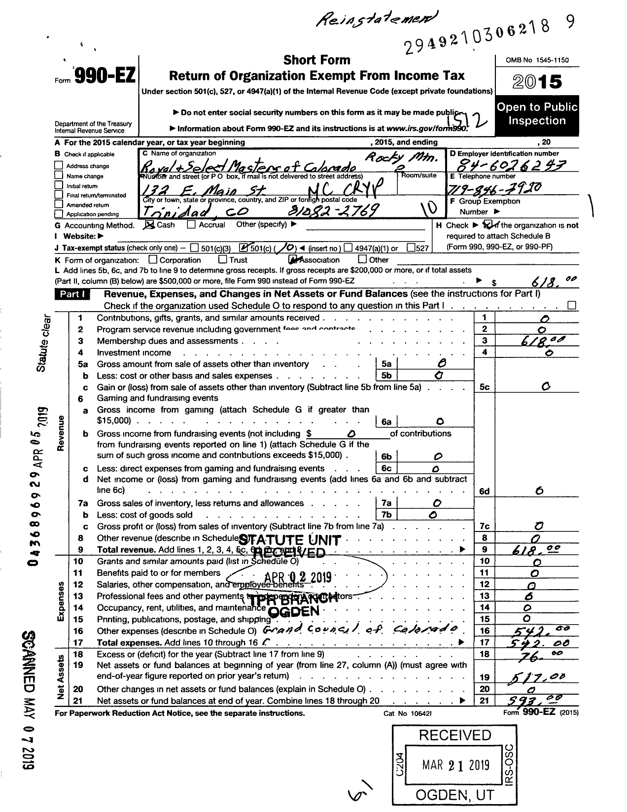 Image of first page of 2015 Form 990EO for Rocky Mountain Council No 2 Royal and Select Masters