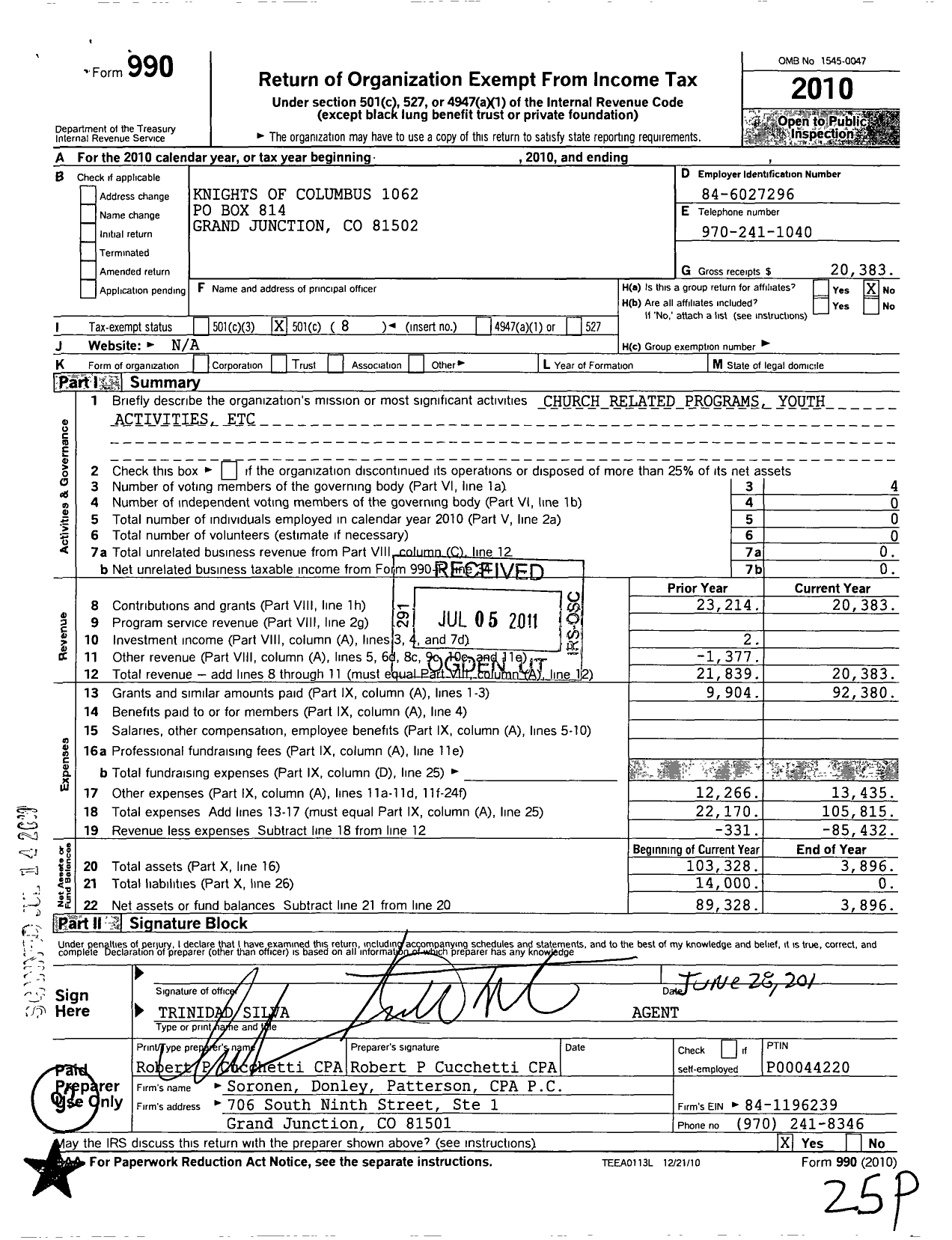 Image of first page of 2010 Form 990O for Knights of Columbus - 1062 Fathers Dominguez & Council