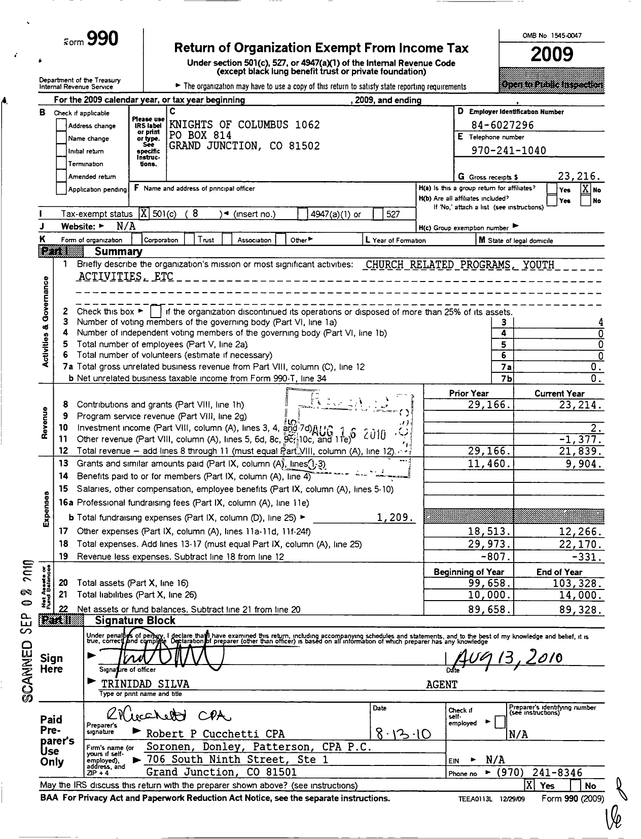 Image of first page of 2009 Form 990O for Knights of Columbus - 1062 Fathers Dominguez & Council