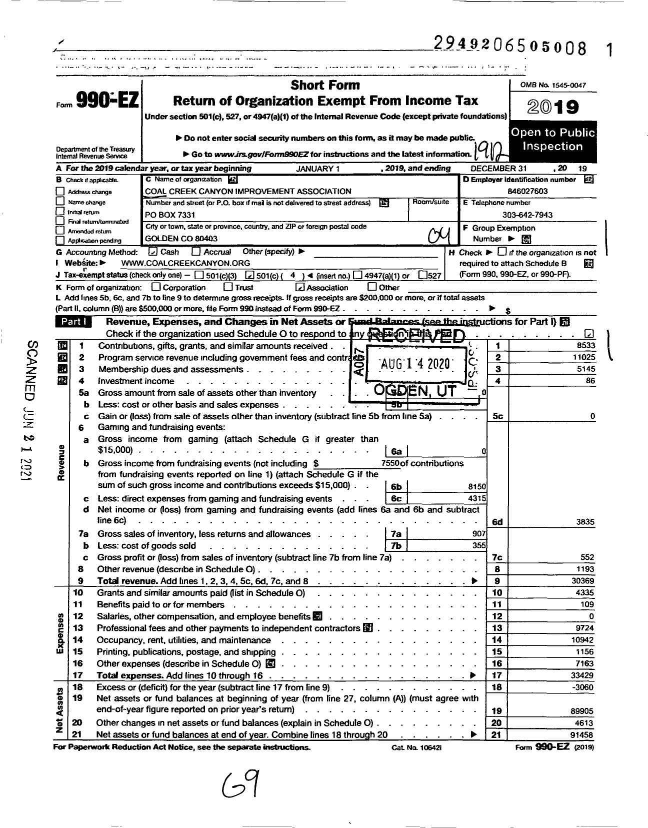 Image of first page of 2019 Form 990EO for Coal Creek Canyon Improvement Association