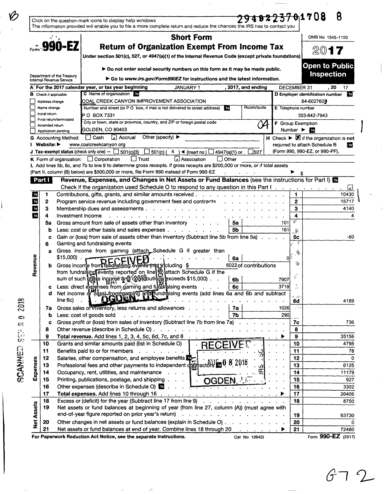 Image of first page of 2017 Form 990EO for Coal Creek Canyon Improvement Association