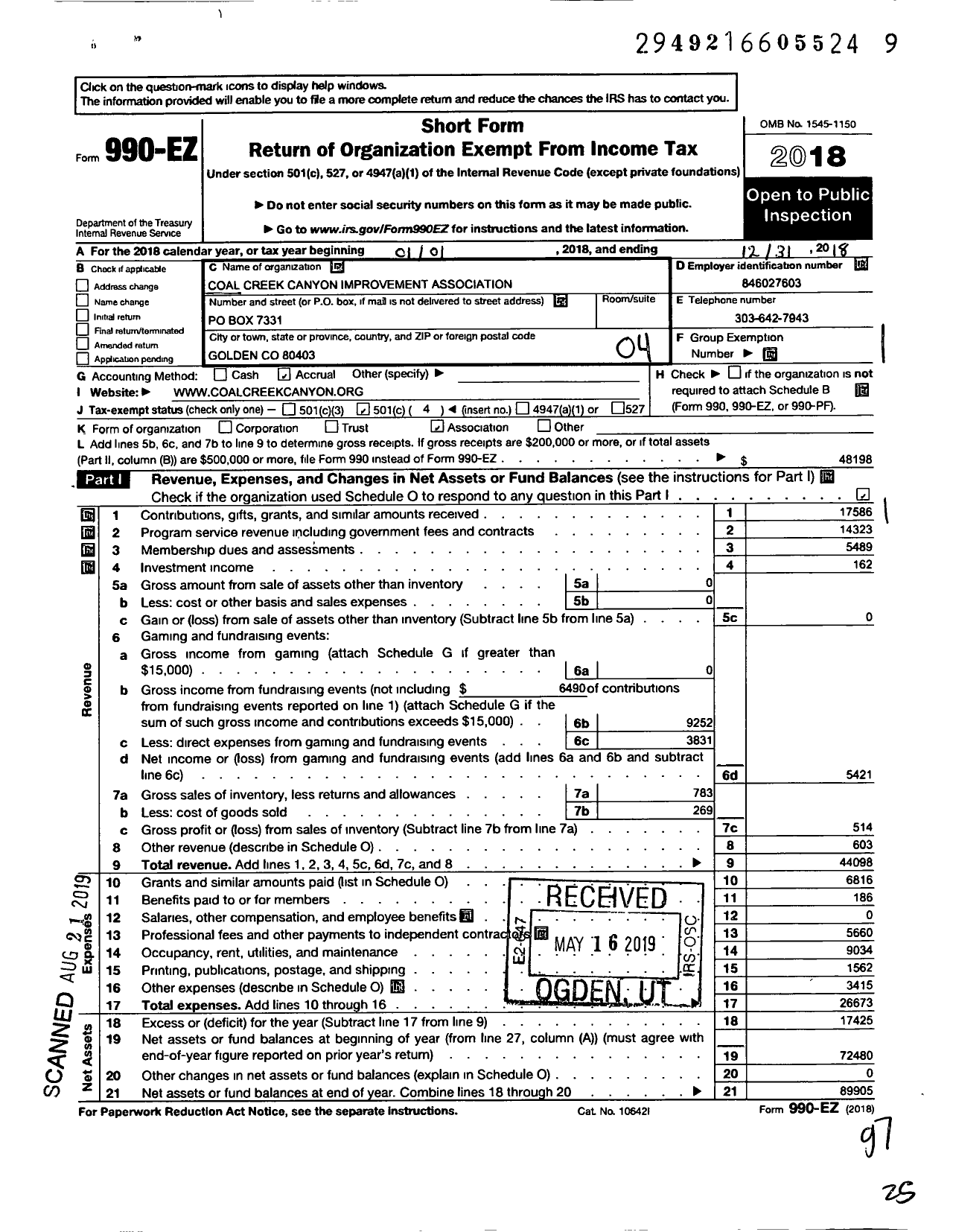 Image of first page of 2018 Form 990EO for Coal Creek Canyon Improvement Association