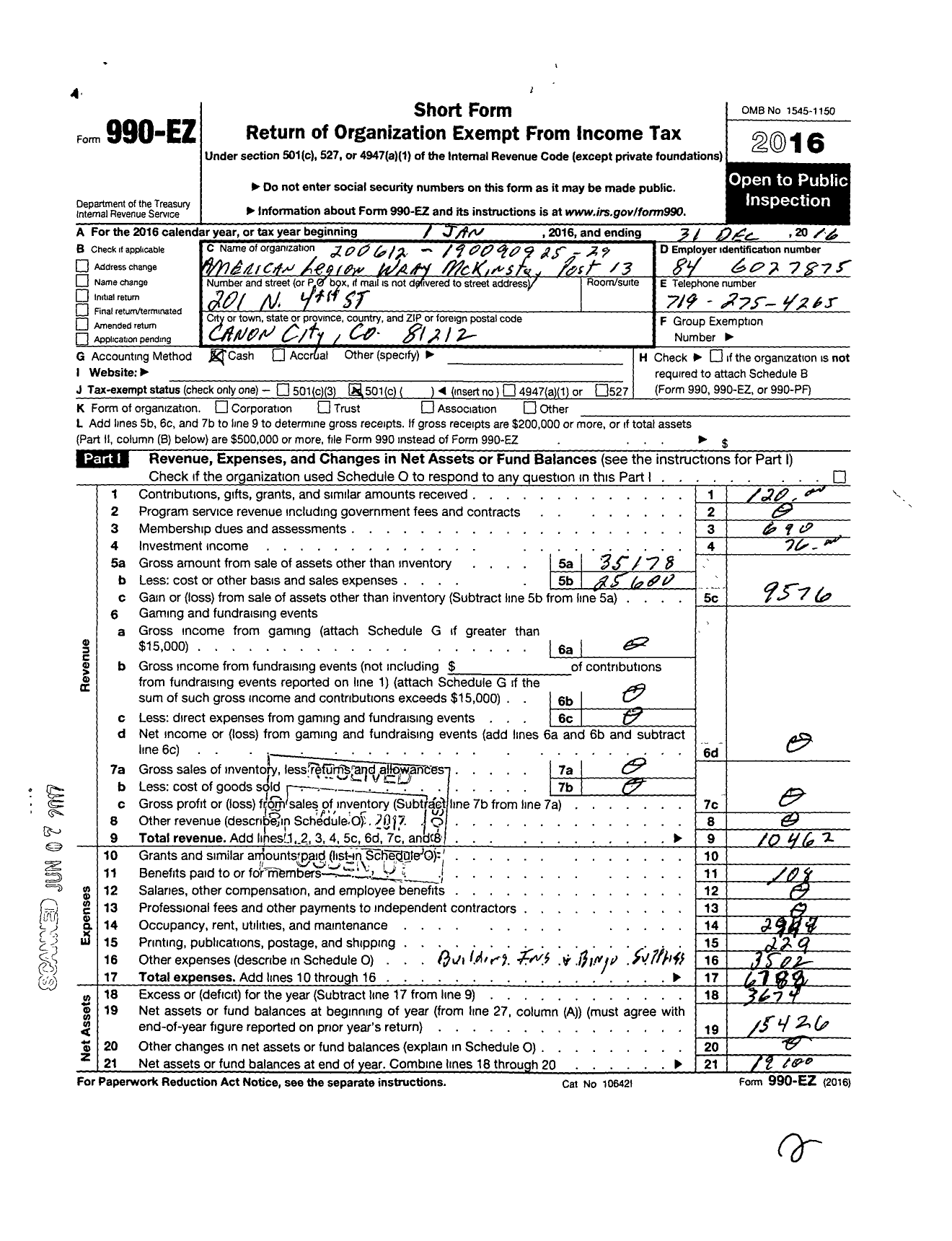 Image of first page of 2016 Form 990EO for American Legion - Wray Mckinstry Unit 13