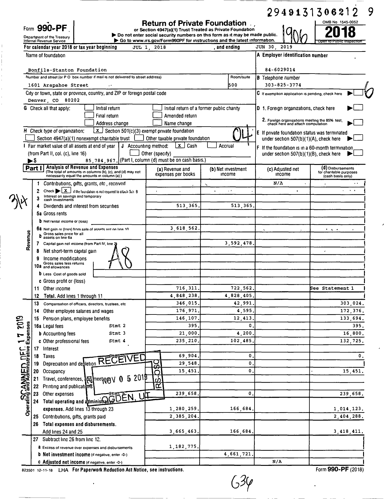 Image of first page of 2018 Form 990PF for Bonfils-Stanton Foundation