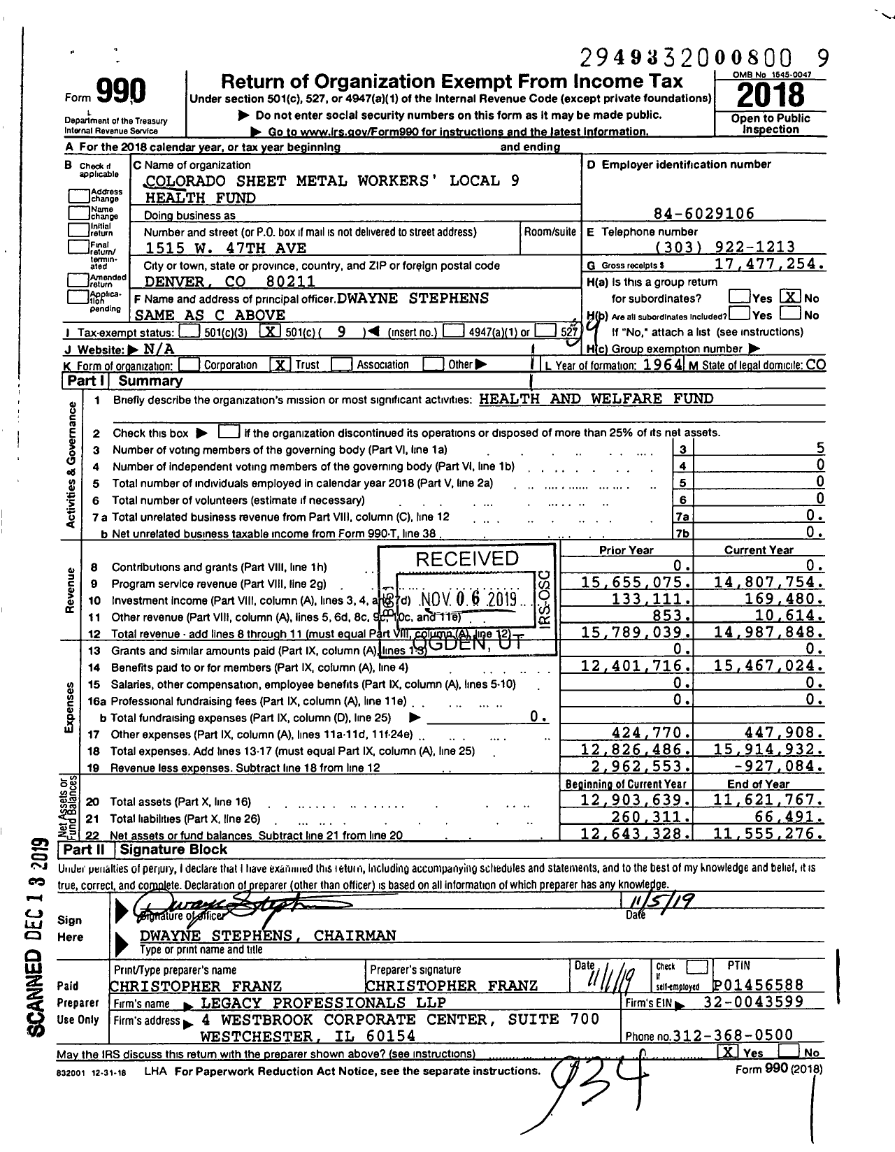 Image of first page of 2018 Form 990O for Colorado Sheet Metal Workers' Local 9 Health Fund