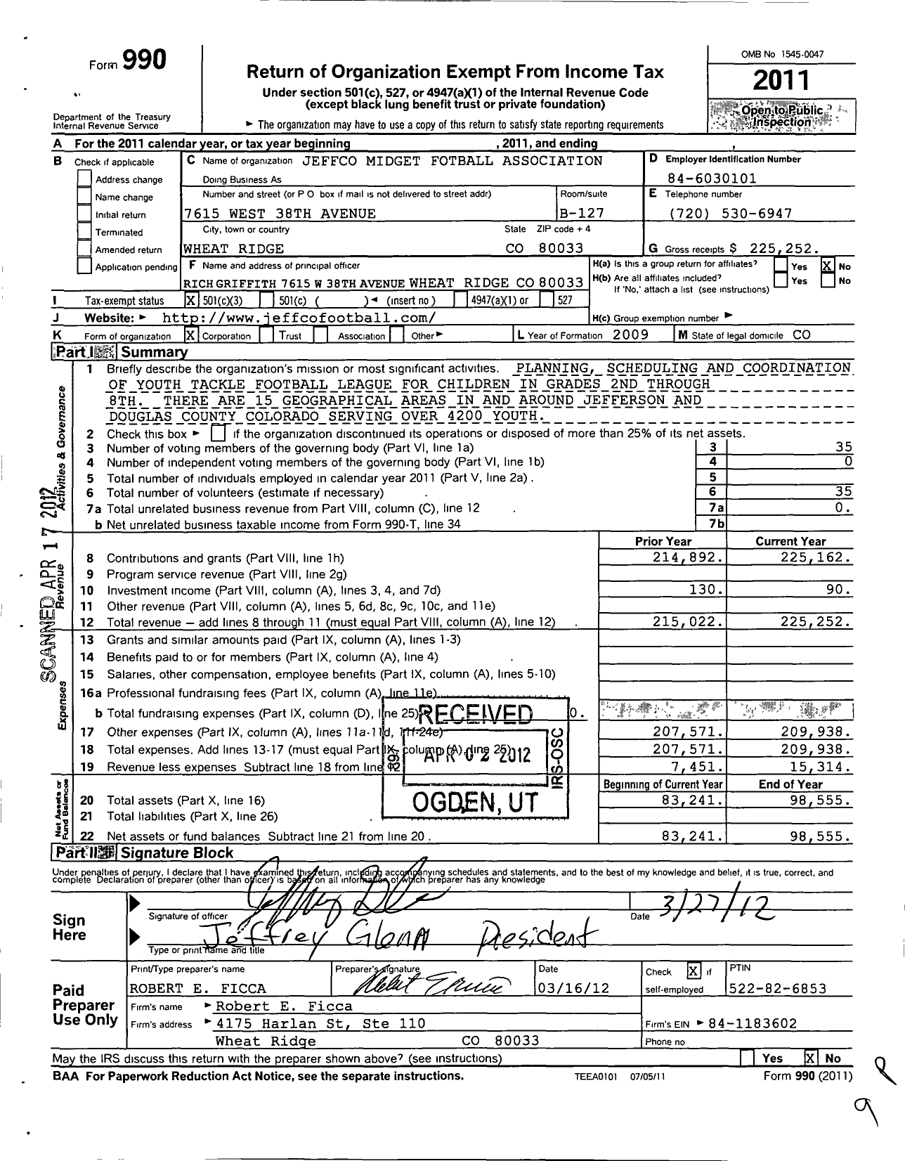 Image of first page of 2011 Form 990 for Jeffco Midget Football Association