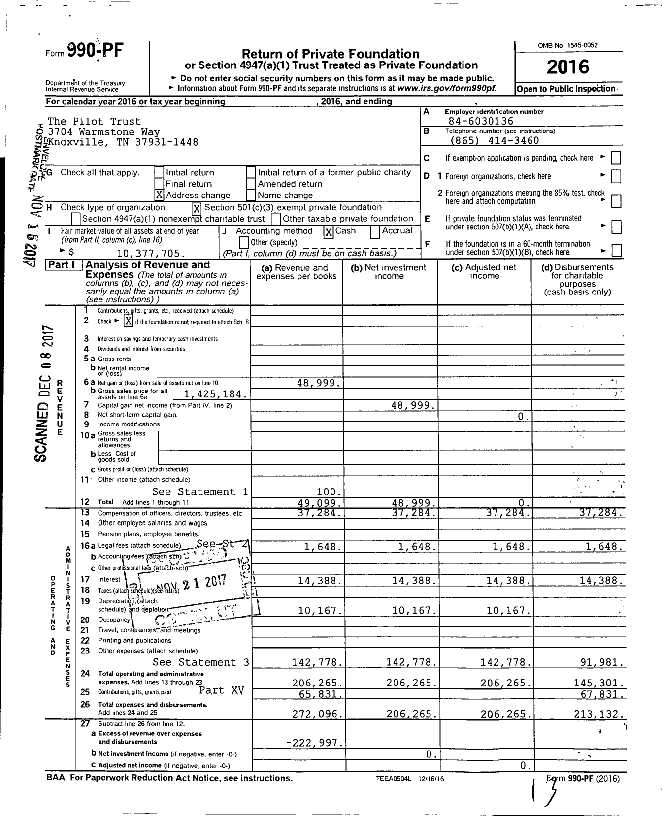 Image of first page of 2016 Form 990PF for The Pilot Trust