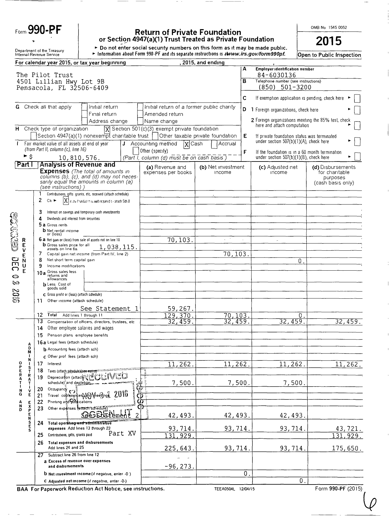 Image of first page of 2015 Form 990PF for The Pilot Trust