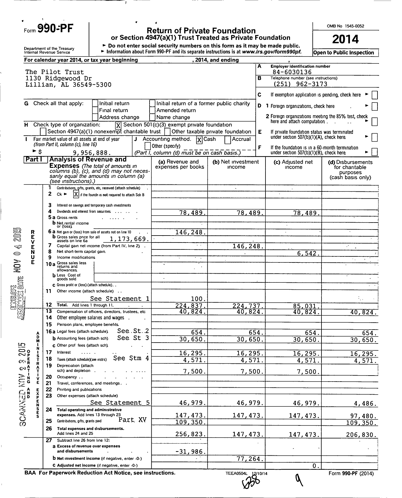 Image of first page of 2014 Form 990PF for The Pilot Trust