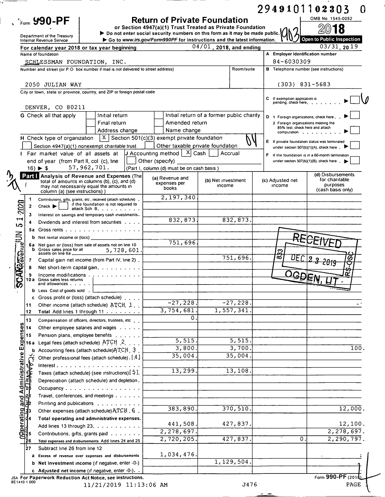 Image of first page of 2018 Form 990PR for Schlessman Foundation