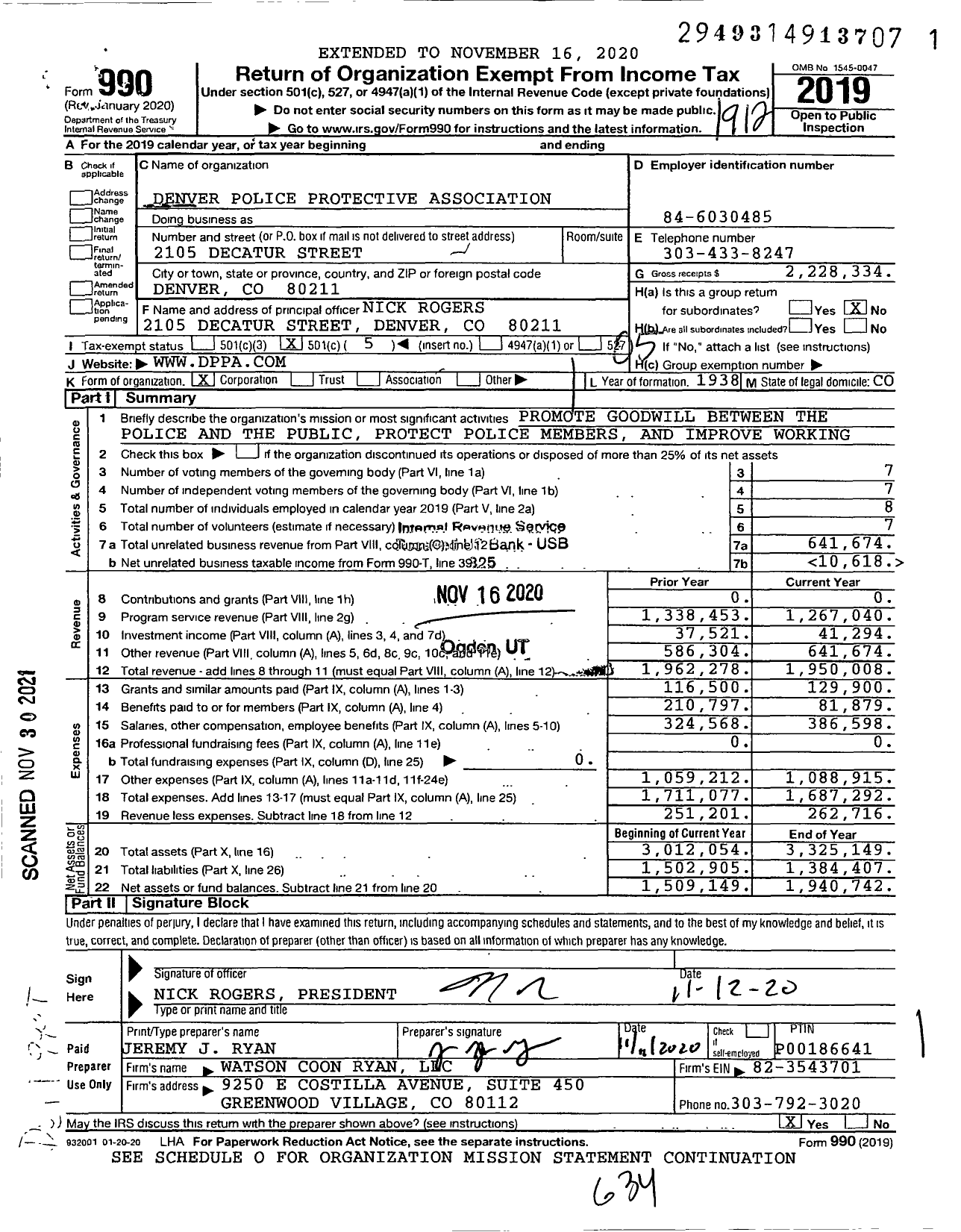 Image of first page of 2019 Form 990O for Denver Police Protective Association