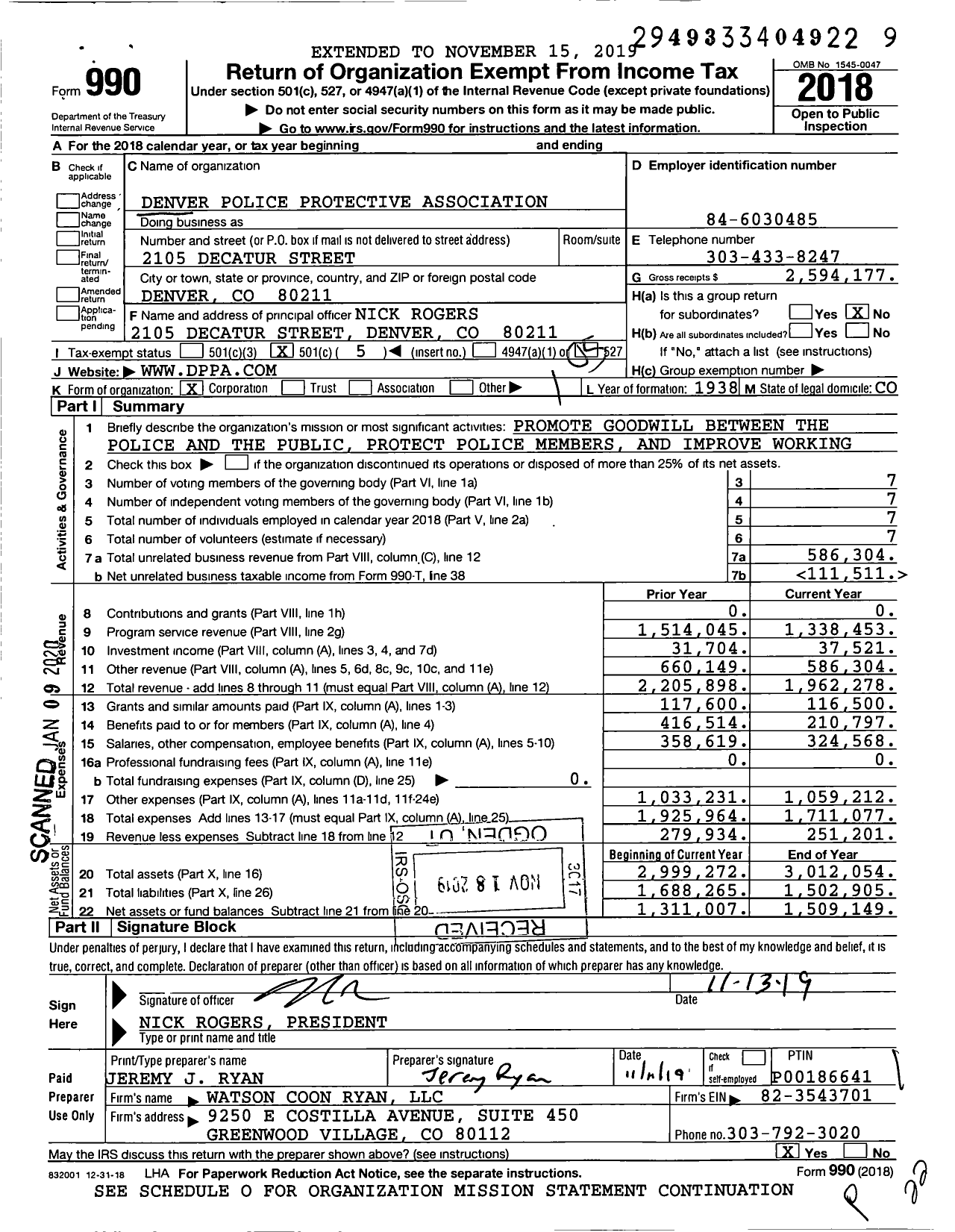 Image of first page of 2018 Form 990O for Denver Police Protective Association