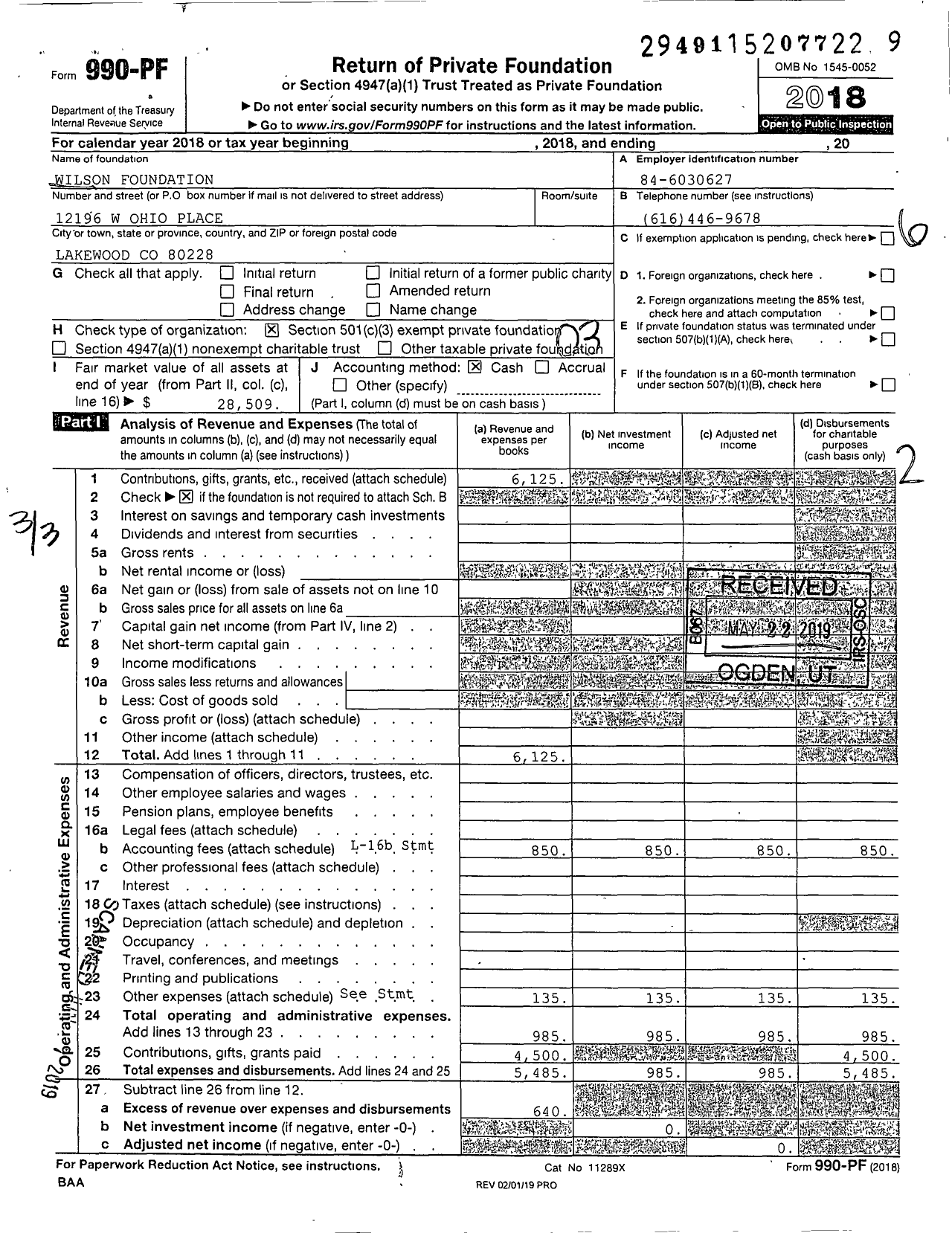 Image of first page of 2018 Form 990PF for Wilson Foundation