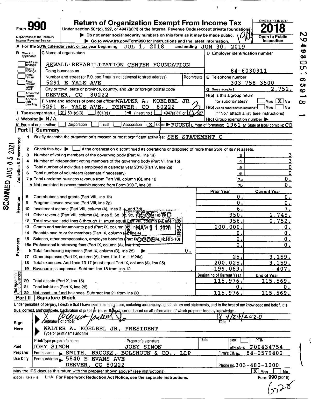 Image of first page of 2018 Form 990 for Sewall Rehabilitation Center Foundation