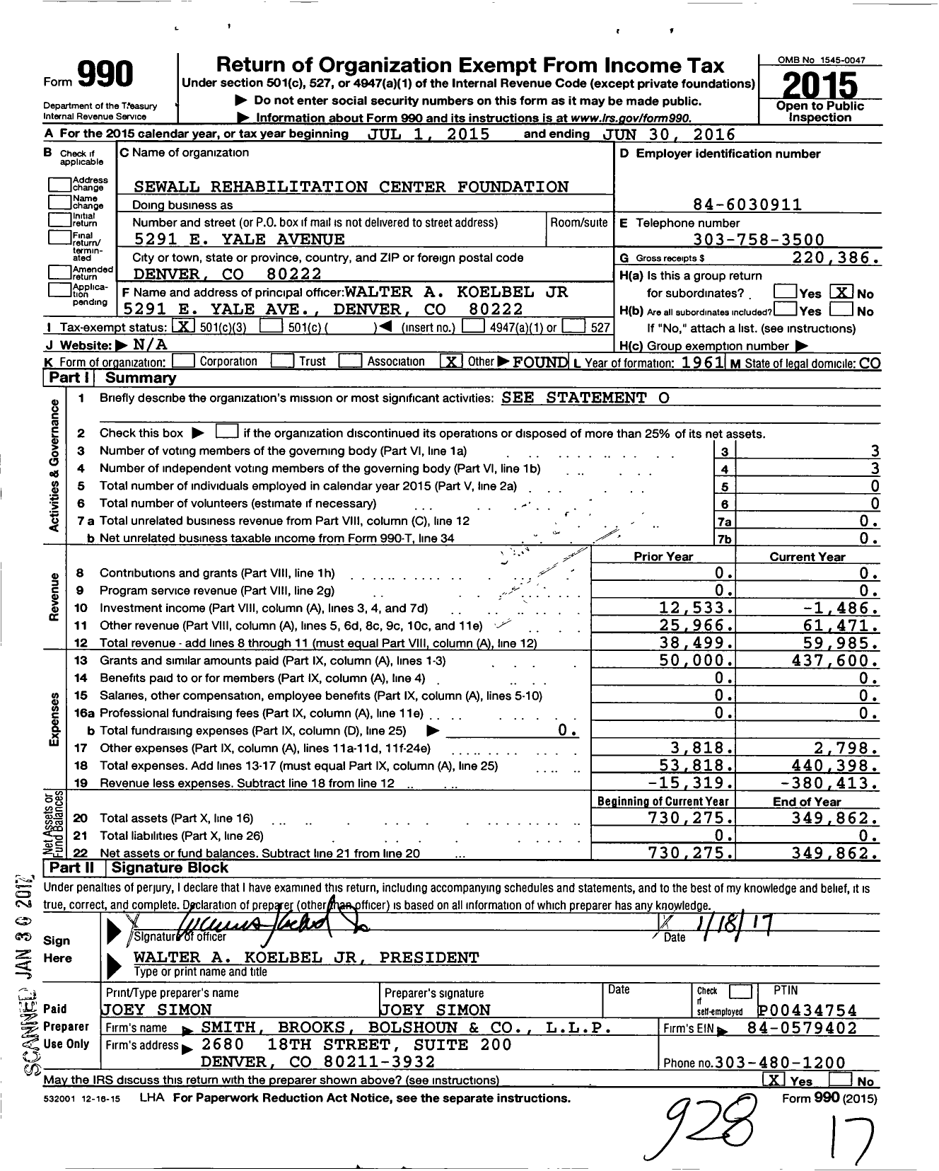 Image of first page of 2015 Form 990 for Sewall Rehabilitation Center Foundation