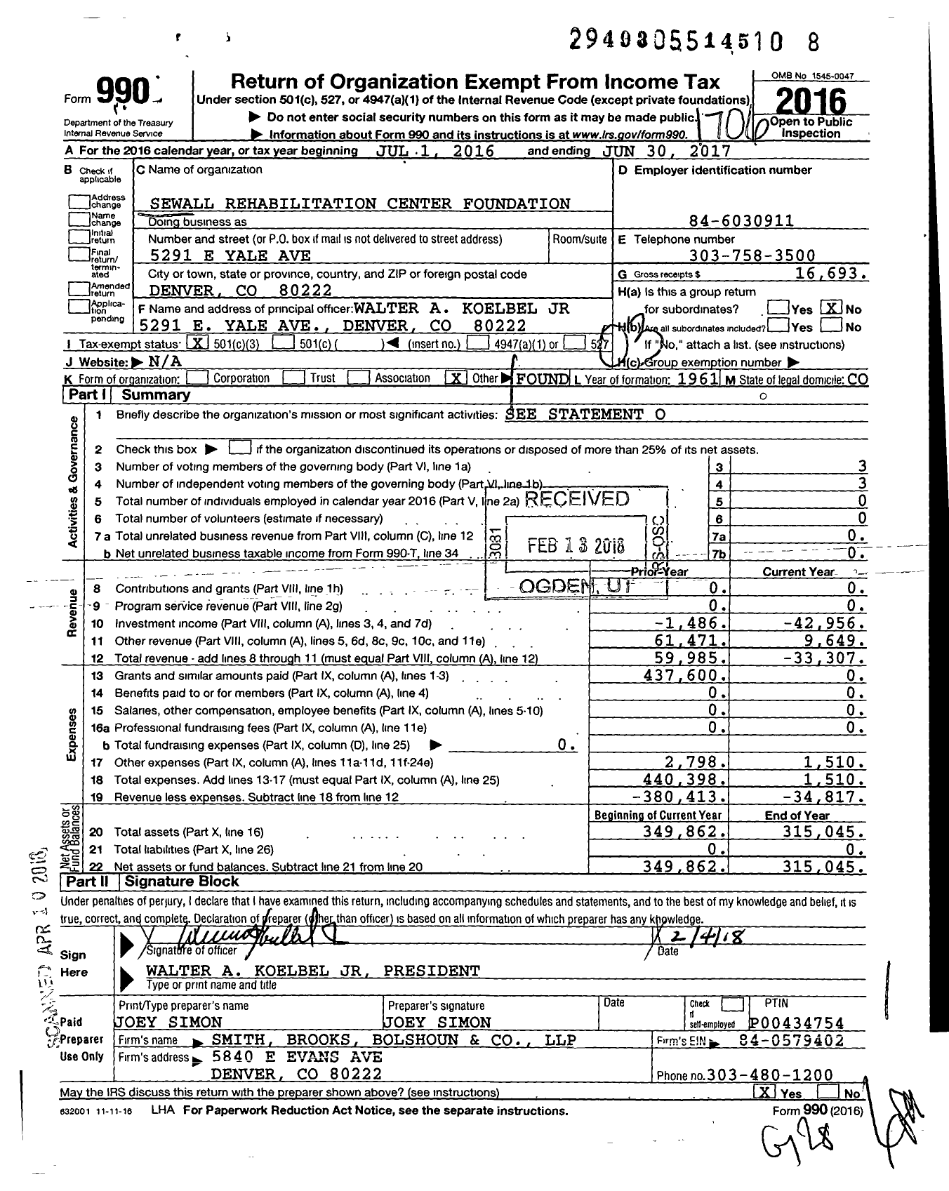 Image of first page of 2016 Form 990 for Sewall Rehabilitation Center Foundation
