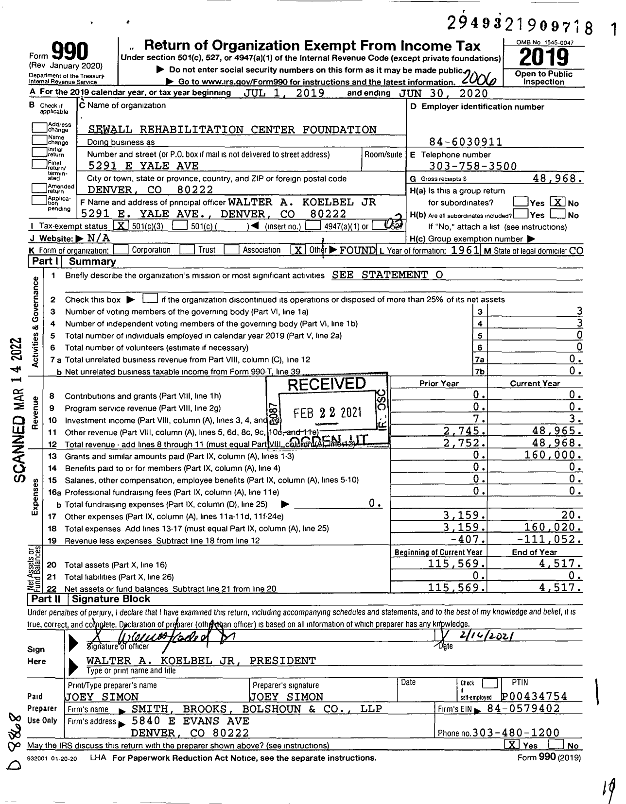 Image of first page of 2019 Form 990 for Sewall Rehabilitation Center Foundation