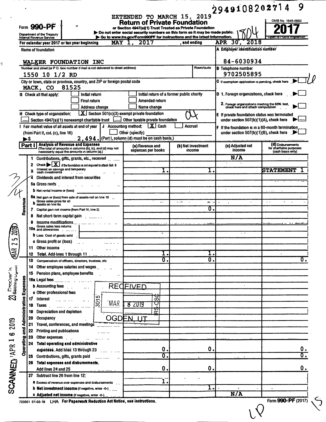 Image of first page of 2017 Form 990PF for Walker Foundation