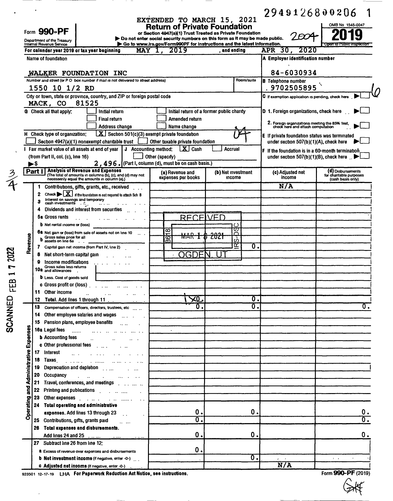 Image of first page of 2019 Form 990PF for Walker Foundation