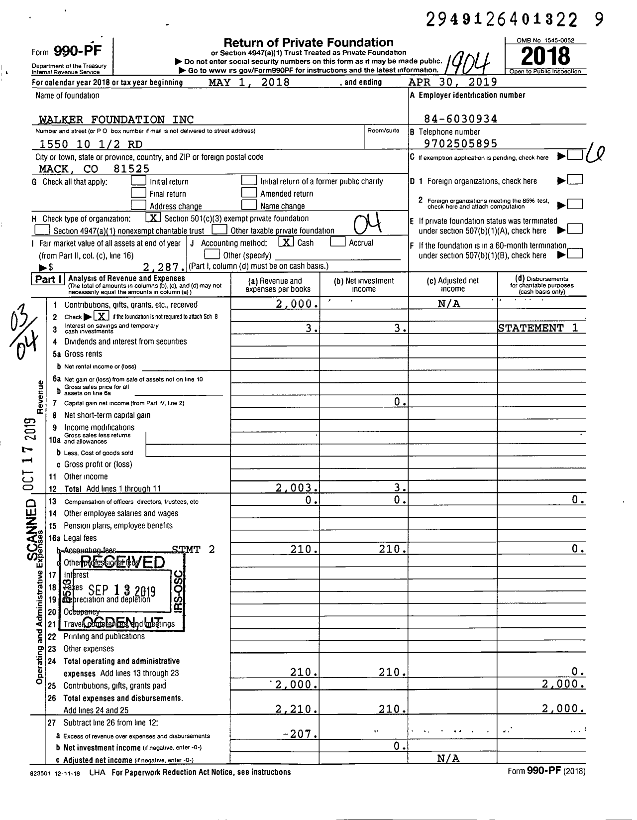 Image of first page of 2018 Form 990PF for Walker Foundation