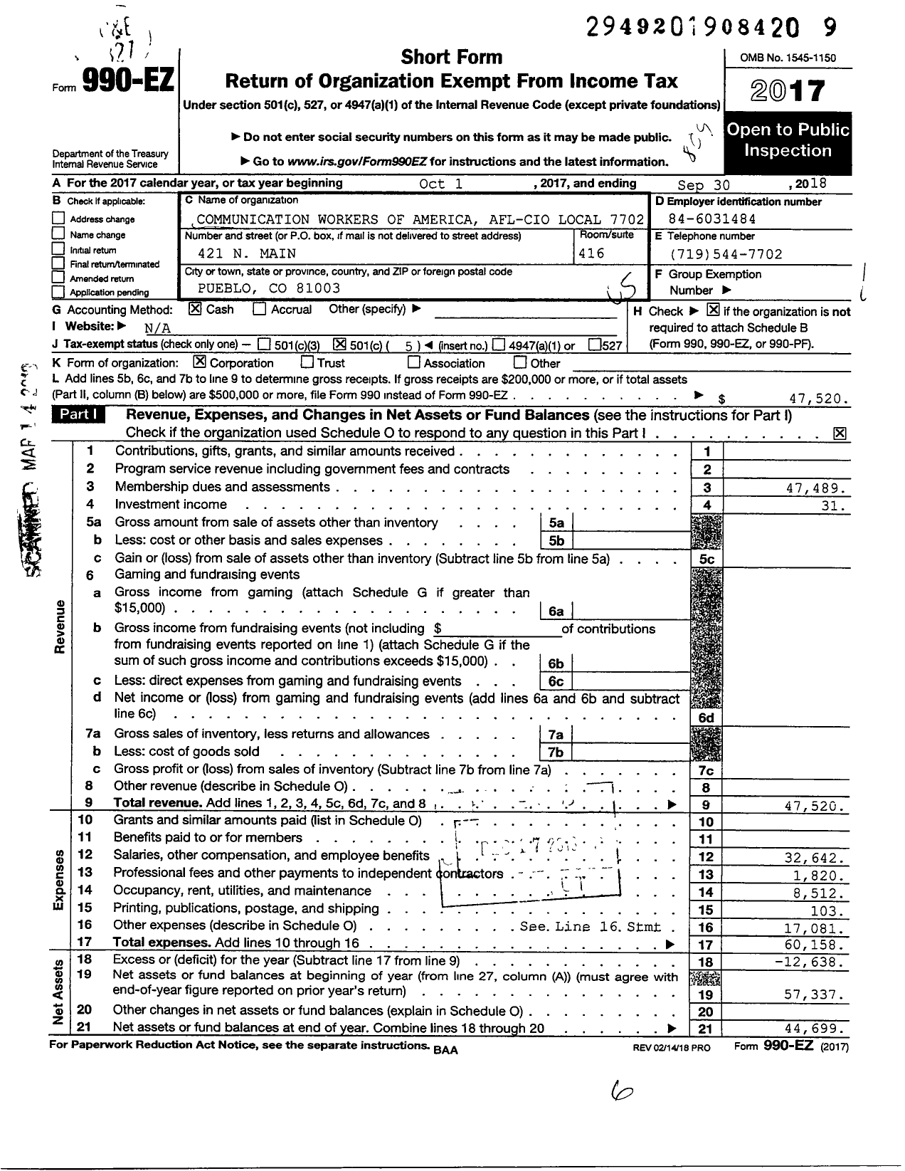 Image of first page of 2017 Form 990EO for Communications Workers of America - 7702 Local